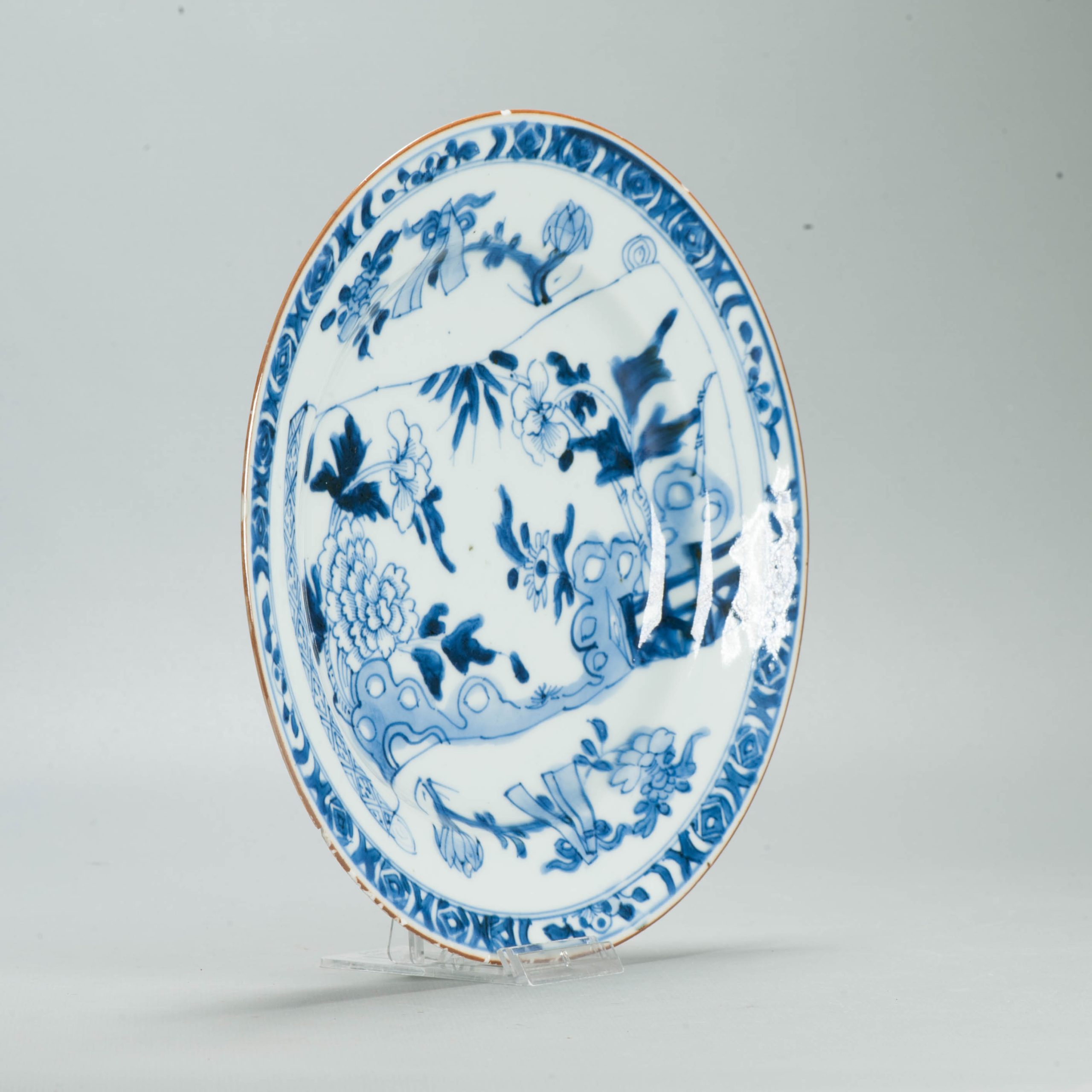 Antique Kangxi Chinese Blue & White Porcelain Dish Flowers Scroll Objects - Image 3