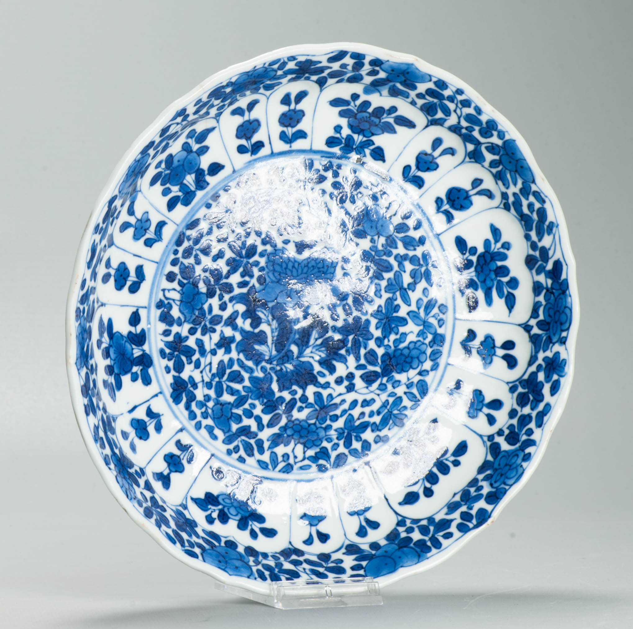 Antique Chinese 1700 Kangxi Blue & White Porcelain Dish Qing Dynasty Marked
