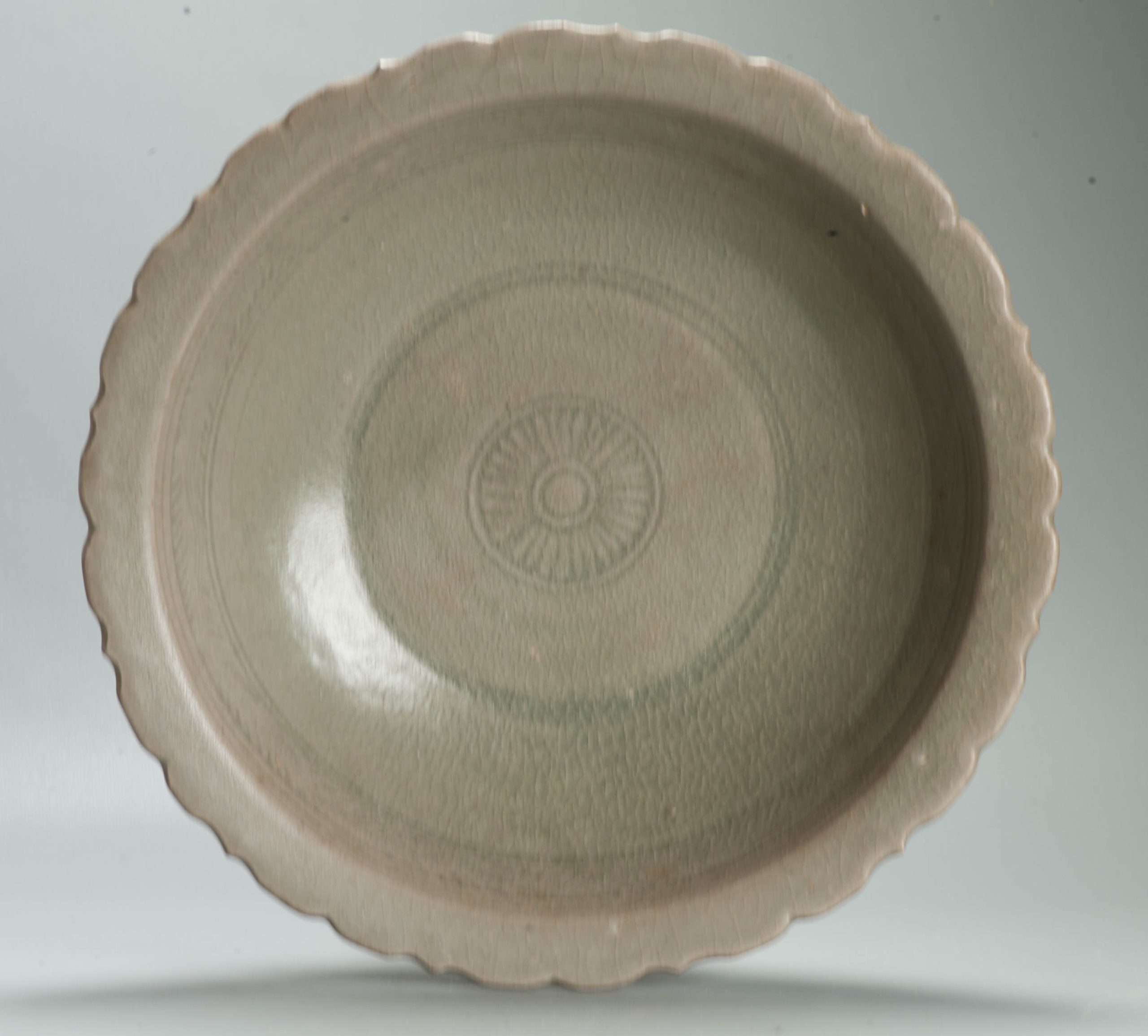 Large Antique Thai 14/16C Celadon Dish Si Satchanalai Monochrome Celadon
