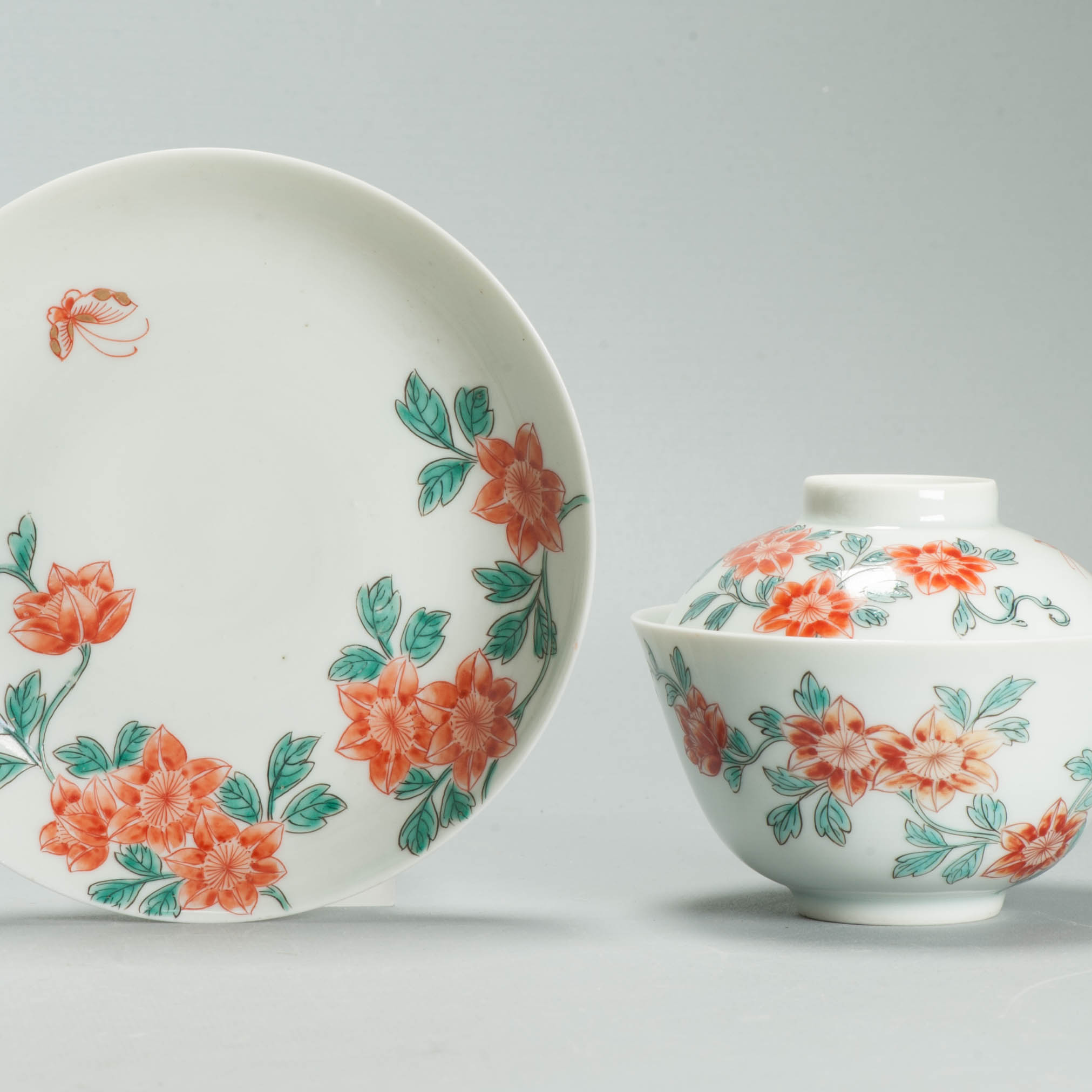 Antique Chinese Porcelain Gaiwan Tea Bowl Famille Verte Flowers Butterflies - 图片 8