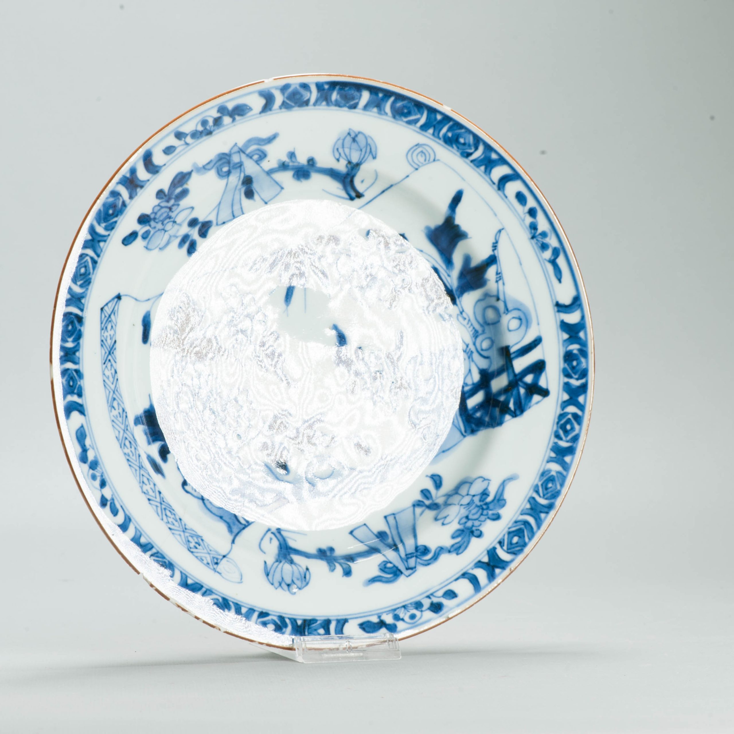 Antique Kangxi Chinese Blue & White Porcelain Dish Flowers Scroll Objects