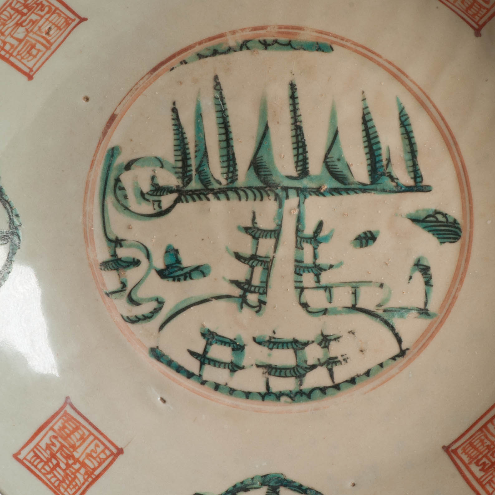 Antique Chinese 16/17C Chinese Porcelain Dish Swatow landscape Pagode Enamel - Image 13