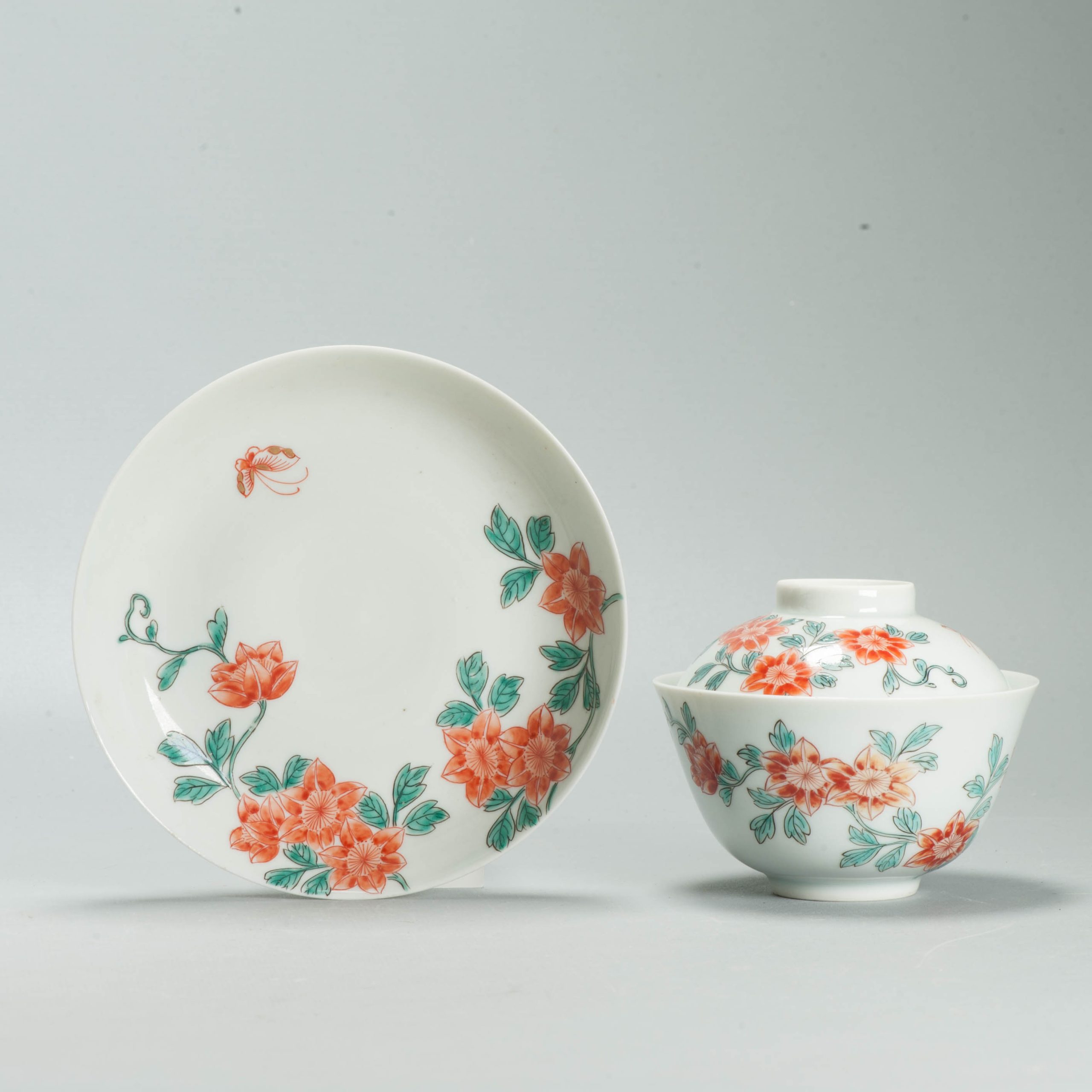 Antique Chinese Porcelain Gaiwan Tea Bowl Famille Verte Flowers Butterflies - 图片 7