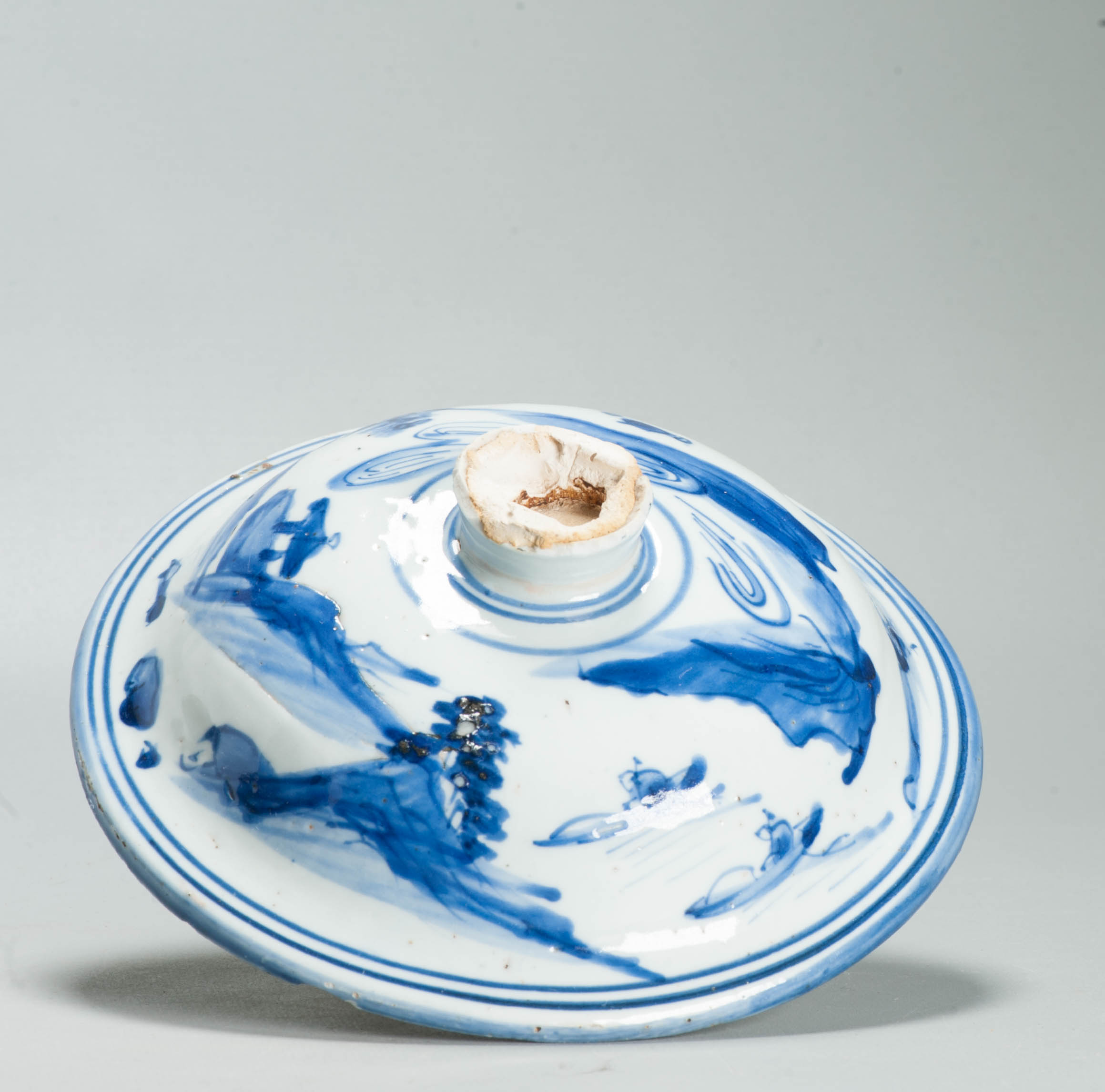 Rare Late Ming Wanli Lid of a Jar Literati scene 17th C Chinese Porcelain Blue and White