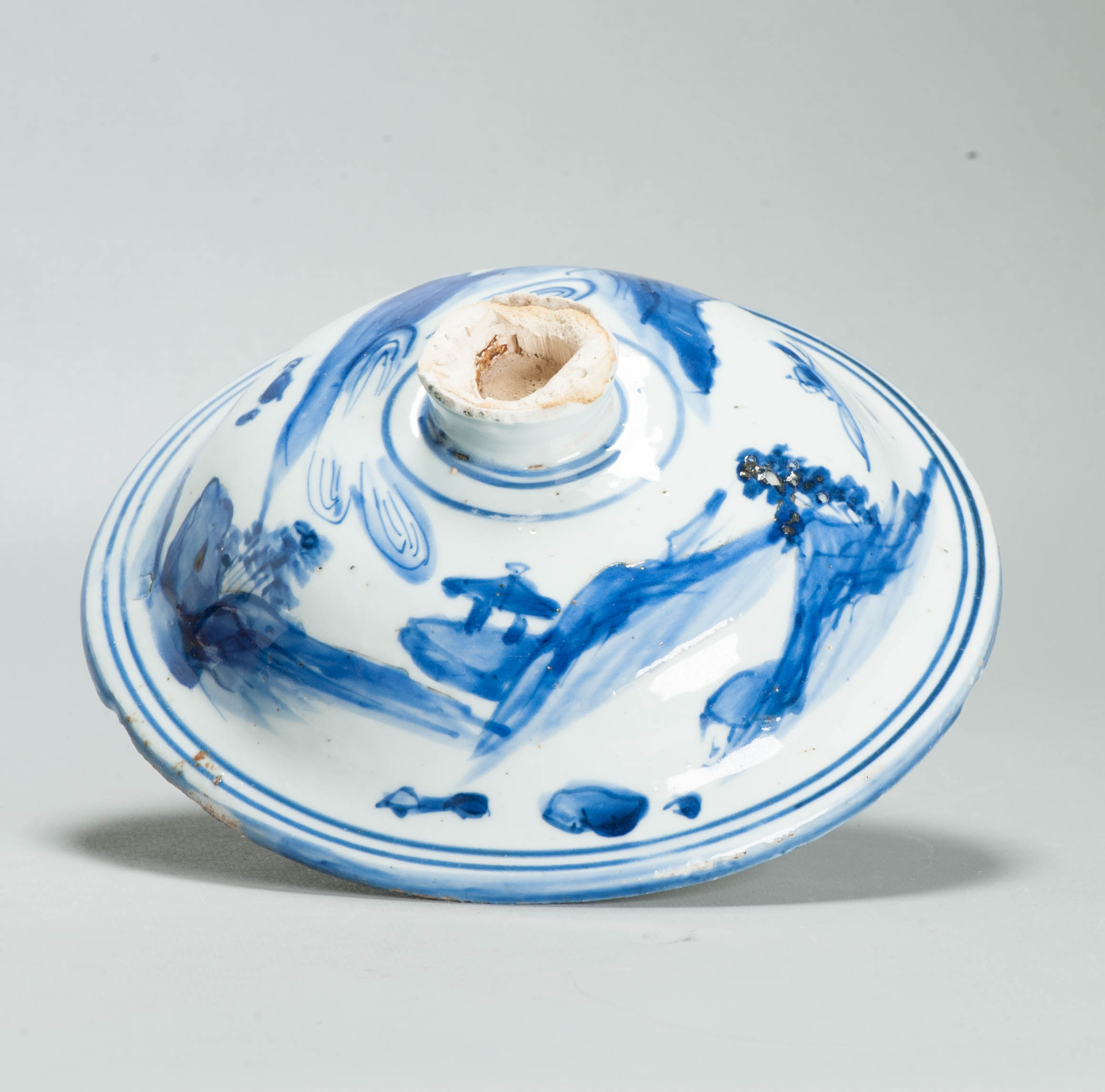 Rare Late Ming Wanli Lid of a Jar Literati scene 17th C Chinese Porcelain Blue and White