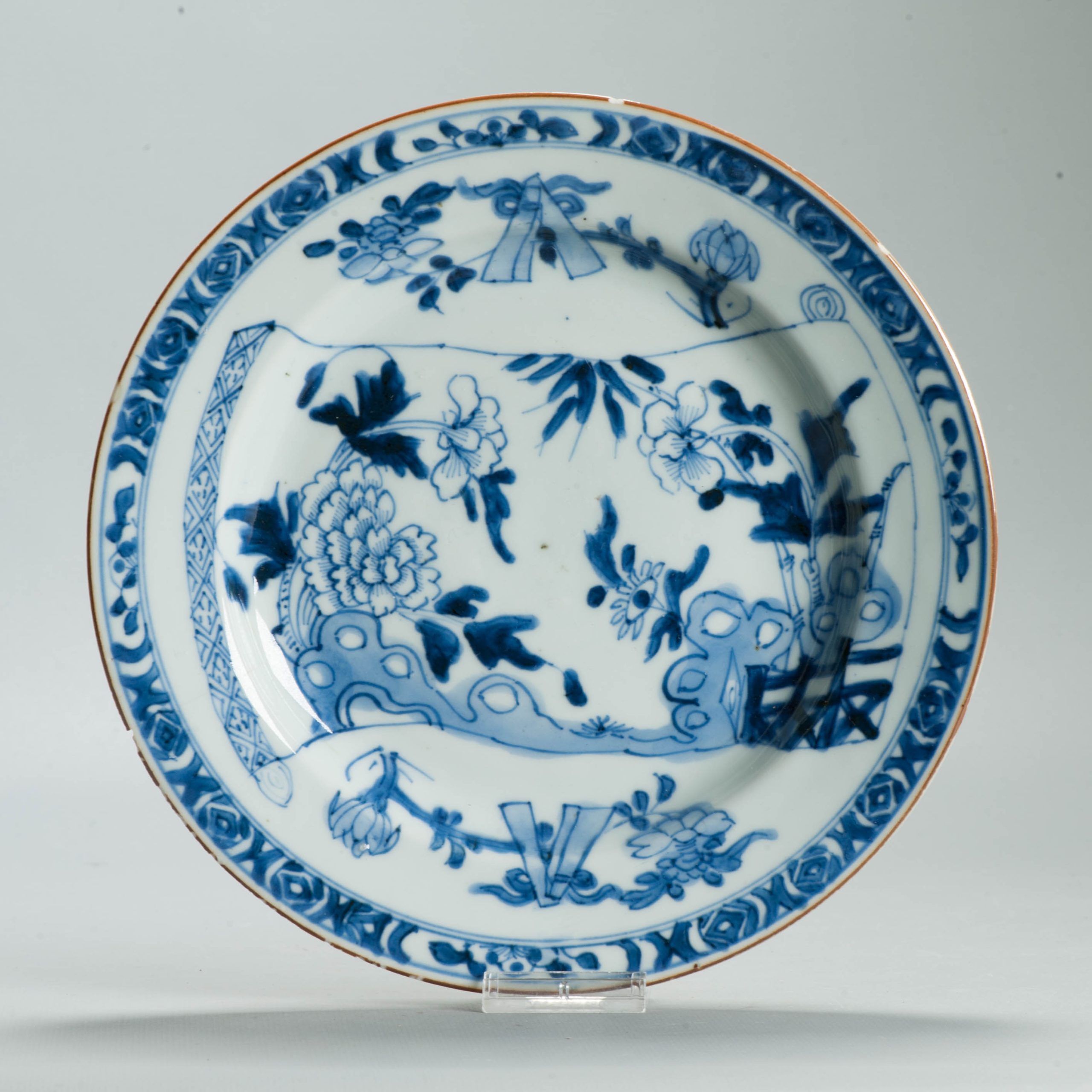 Antique Kangxi Chinese Blue & White Porcelain Dish Flowers Scroll Objects