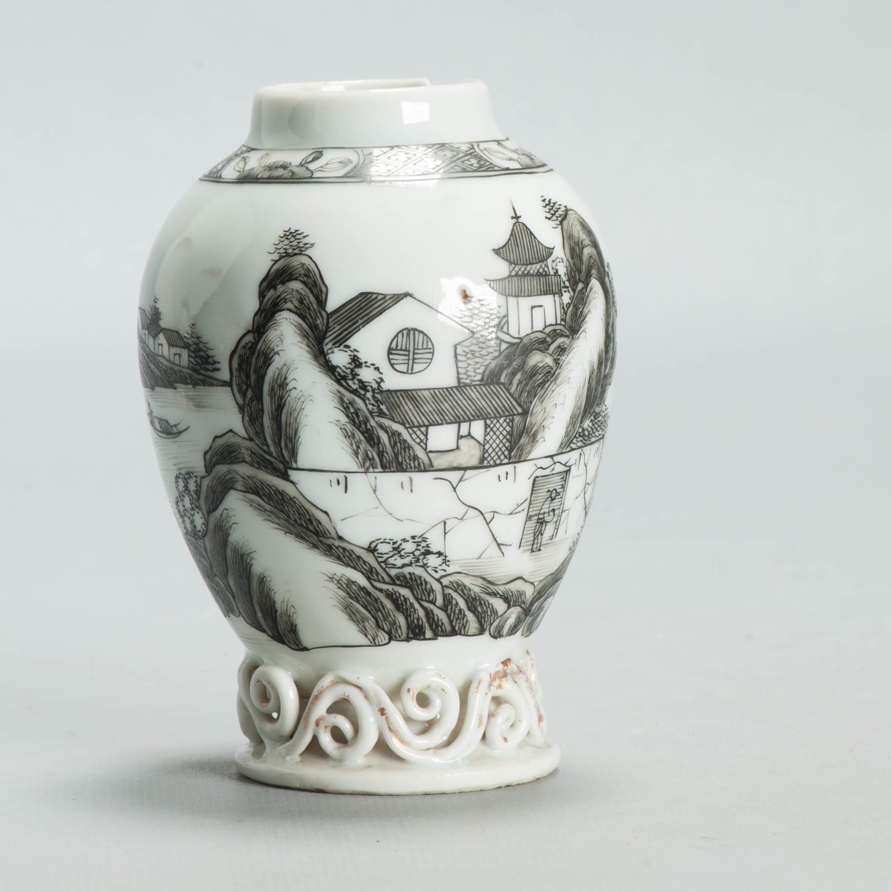 Antique 1730-1750 Chinese Porcelain TeaCaddy China Encre de Chine Landscape - Image 5