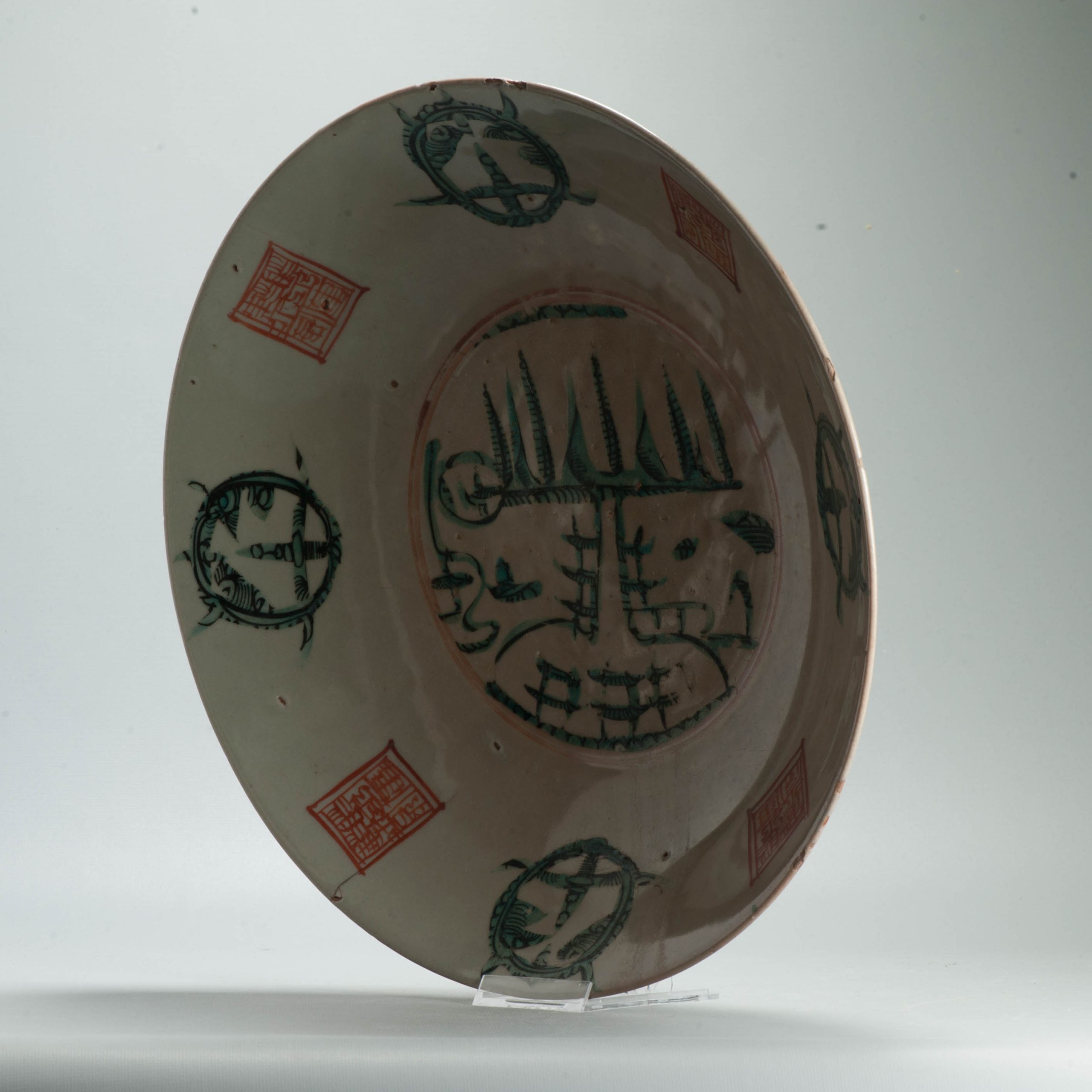 Antique Chinese 16/17C Chinese Porcelain Dish Swatow landscape Pagode Enamel - Image 12