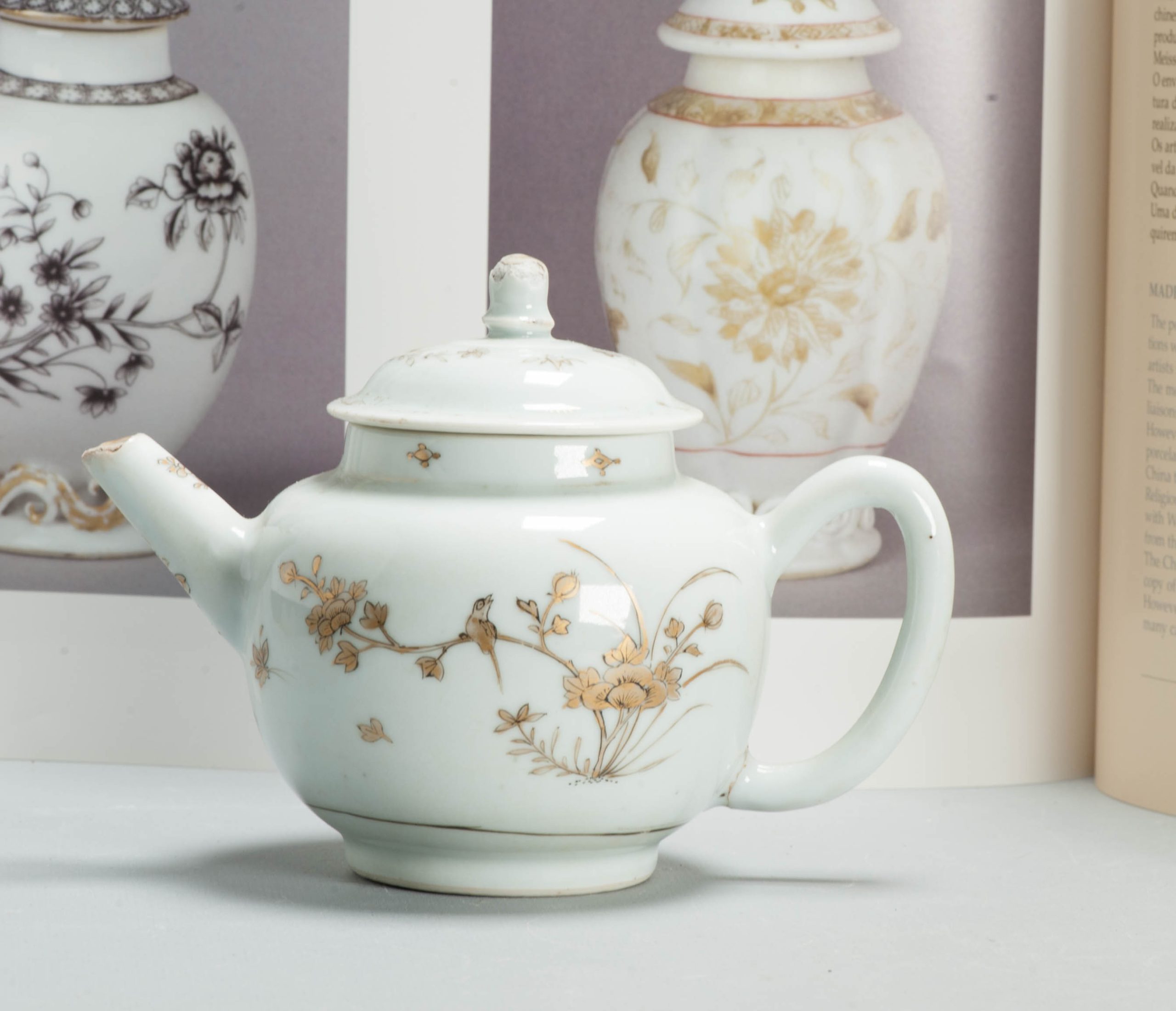 Antique 18C Qianlong Chinese Porcelain Teapot Birds Flowers Black & Gold