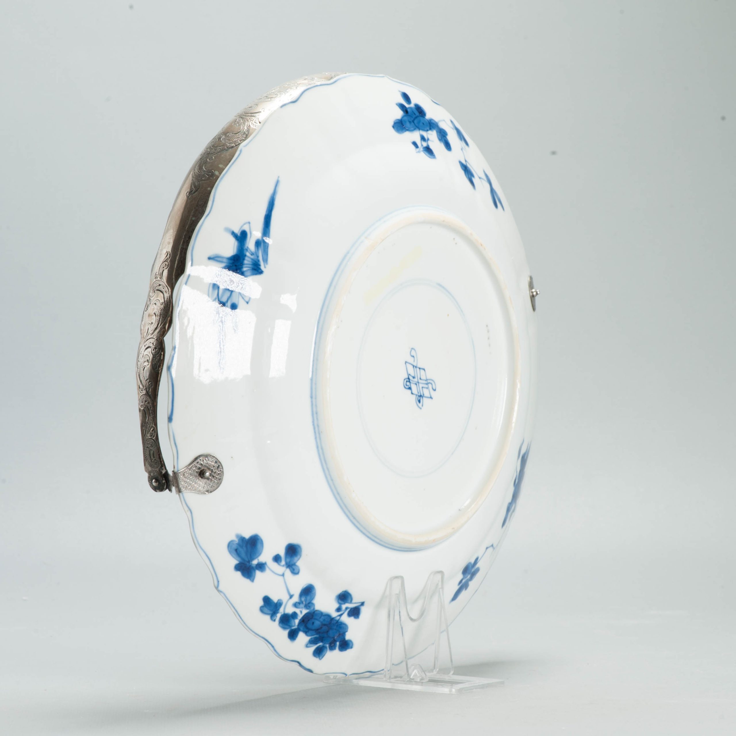 Antique Chinese 1700 Kangxi Blue & White Porcelain Dish Qing Silver Marked - Image 12