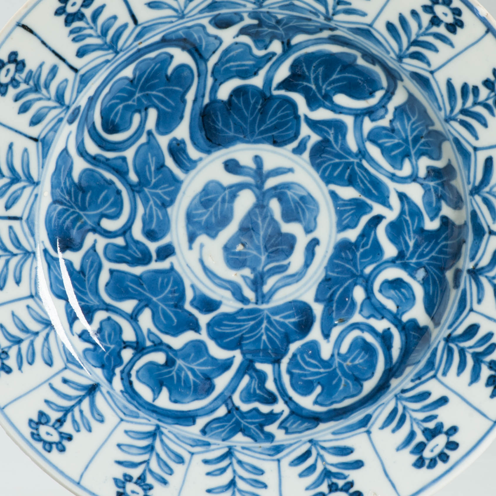 Antique Chinese Kangxi Period Blue White Porcelain Dish Floral Leaf Scroll Qing - Image 4
