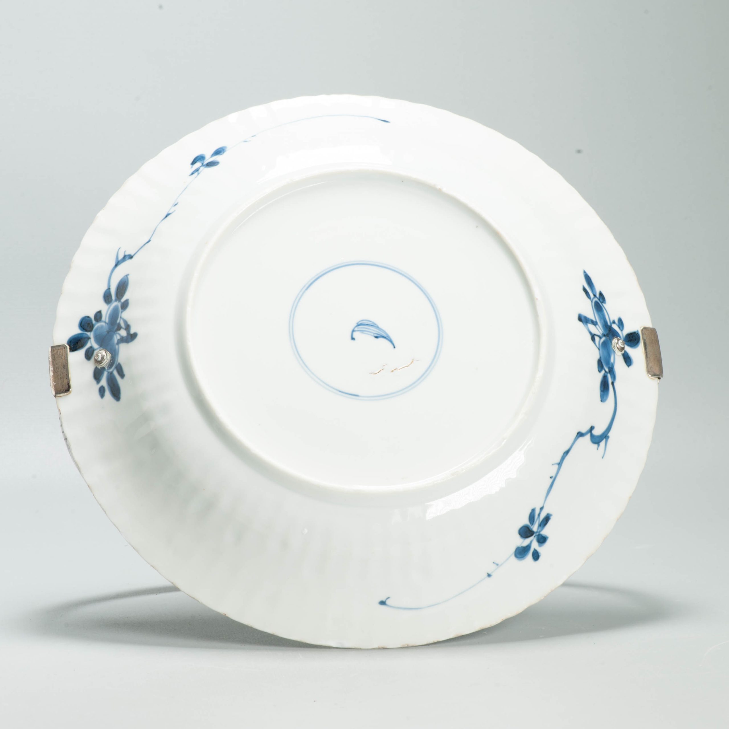 Antique Chinese 1700 Kangxi Blue & White Porcelain Dish Qing Silver Marked - Image 4