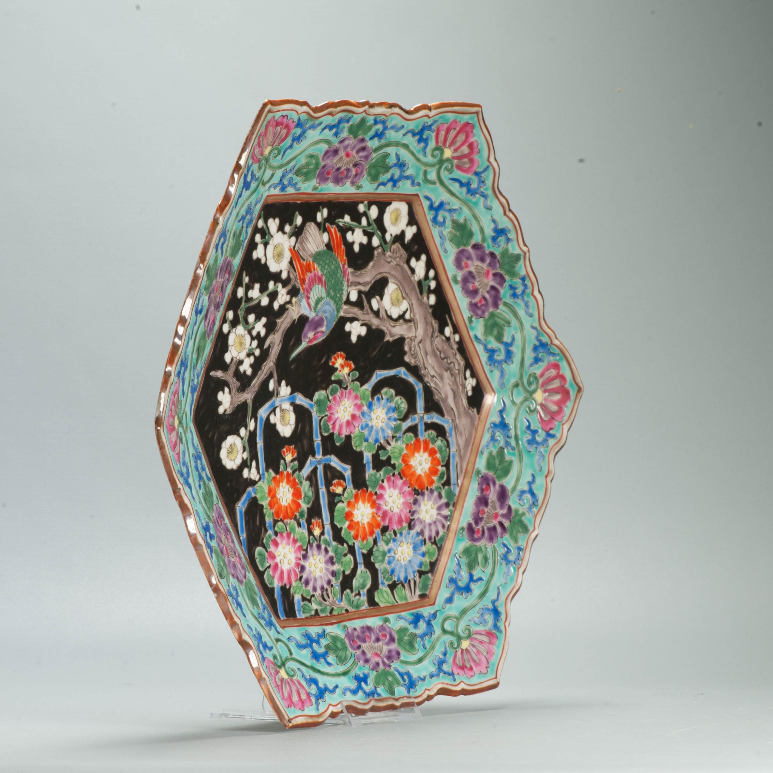 Antique Meiji Period Japanese Porcelain 19th c Arita Plate flowers Enamel - Image 3