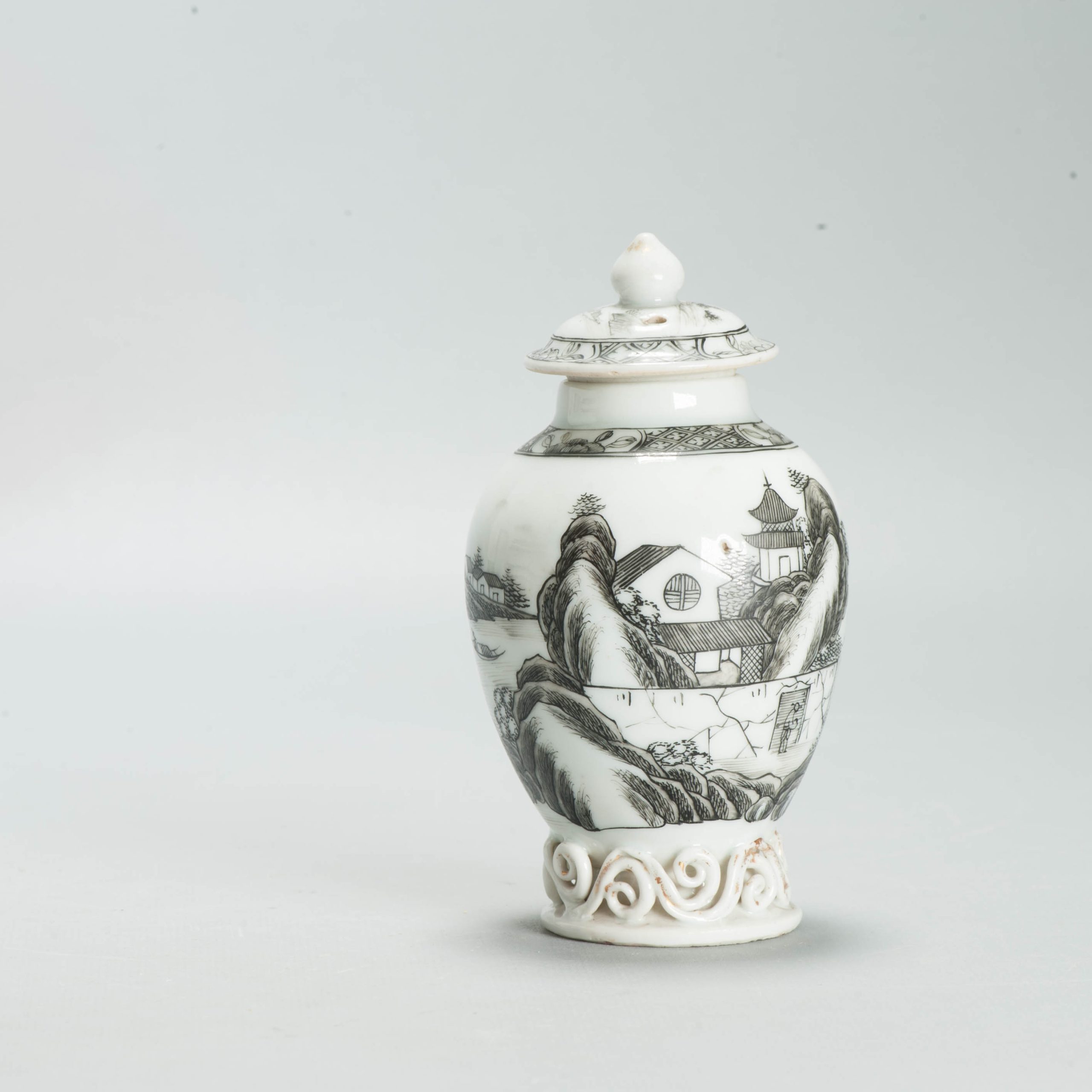 Antique Chinese Porcelain Tea Caddy Encre de Chine Landscape Qing c1730-1750 - Image 7