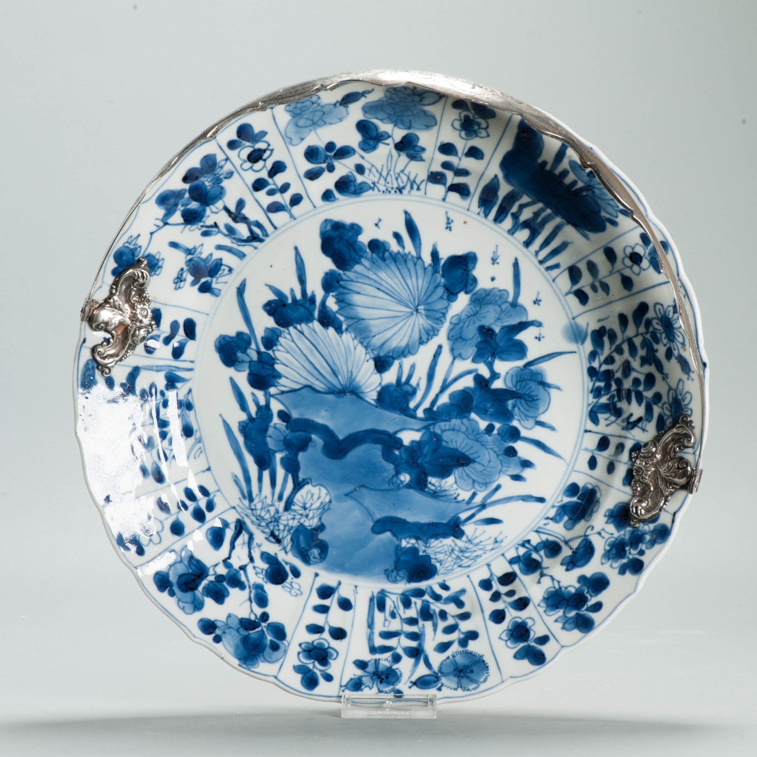 Antique Chinese 1700 Kangxi Blue & White Porcelain Dish Qing Silver Marked - Image 16