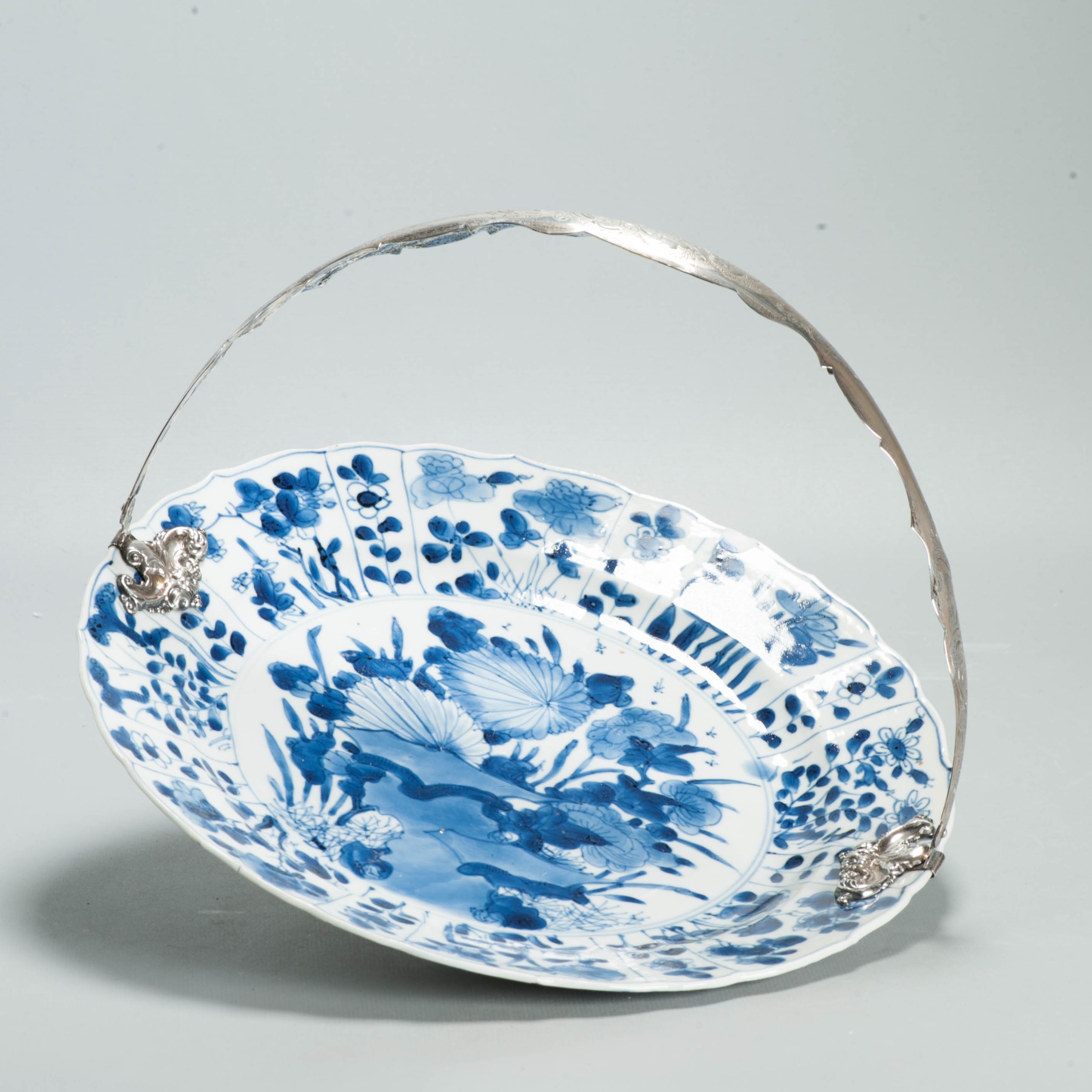 Antique Chinese 1700 Kangxi Blue & White Porcelain Dish Qing Silver Marked