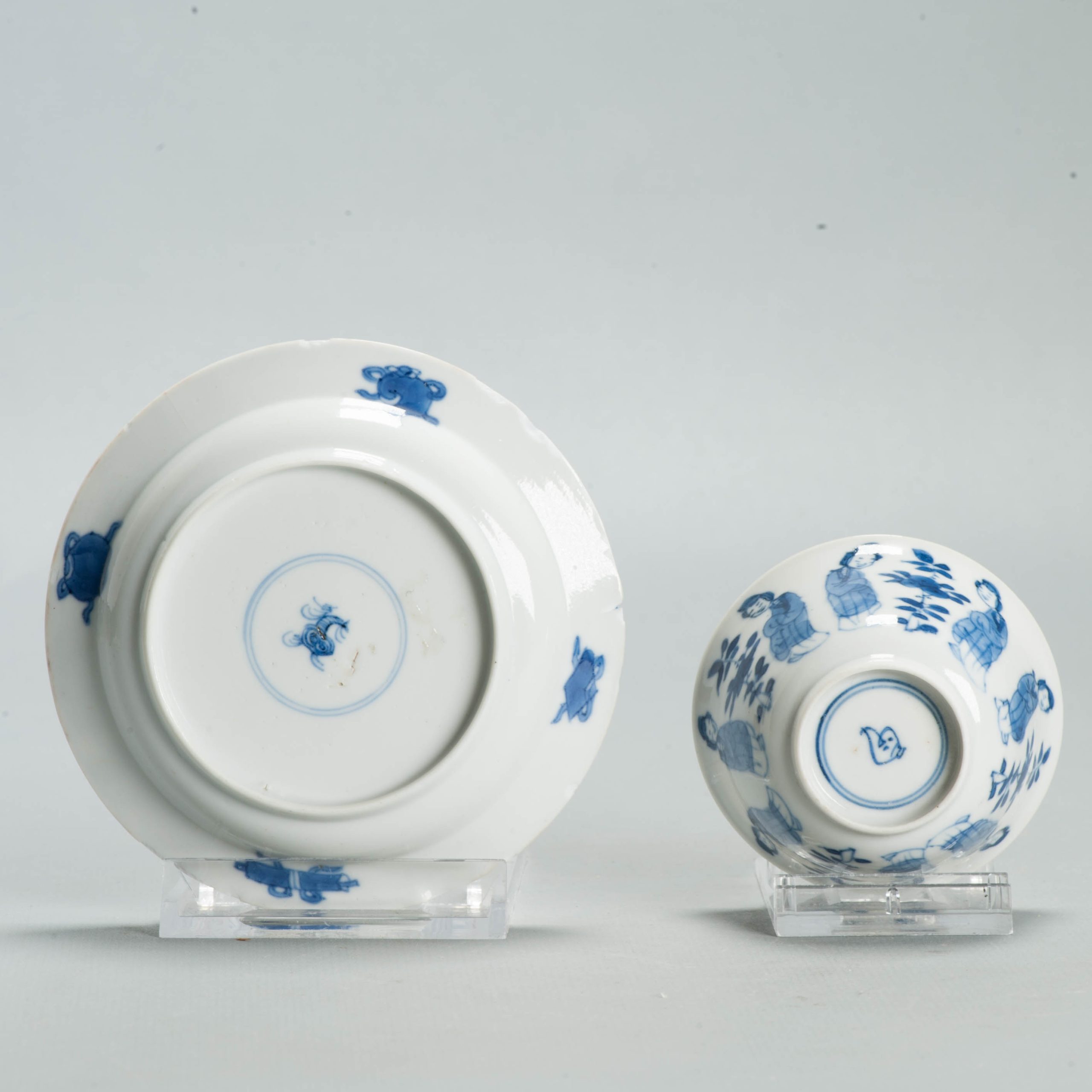 Antique Ca 1700 Chinese Porcelain Tea Set Kangxi Blue White Figural Liza