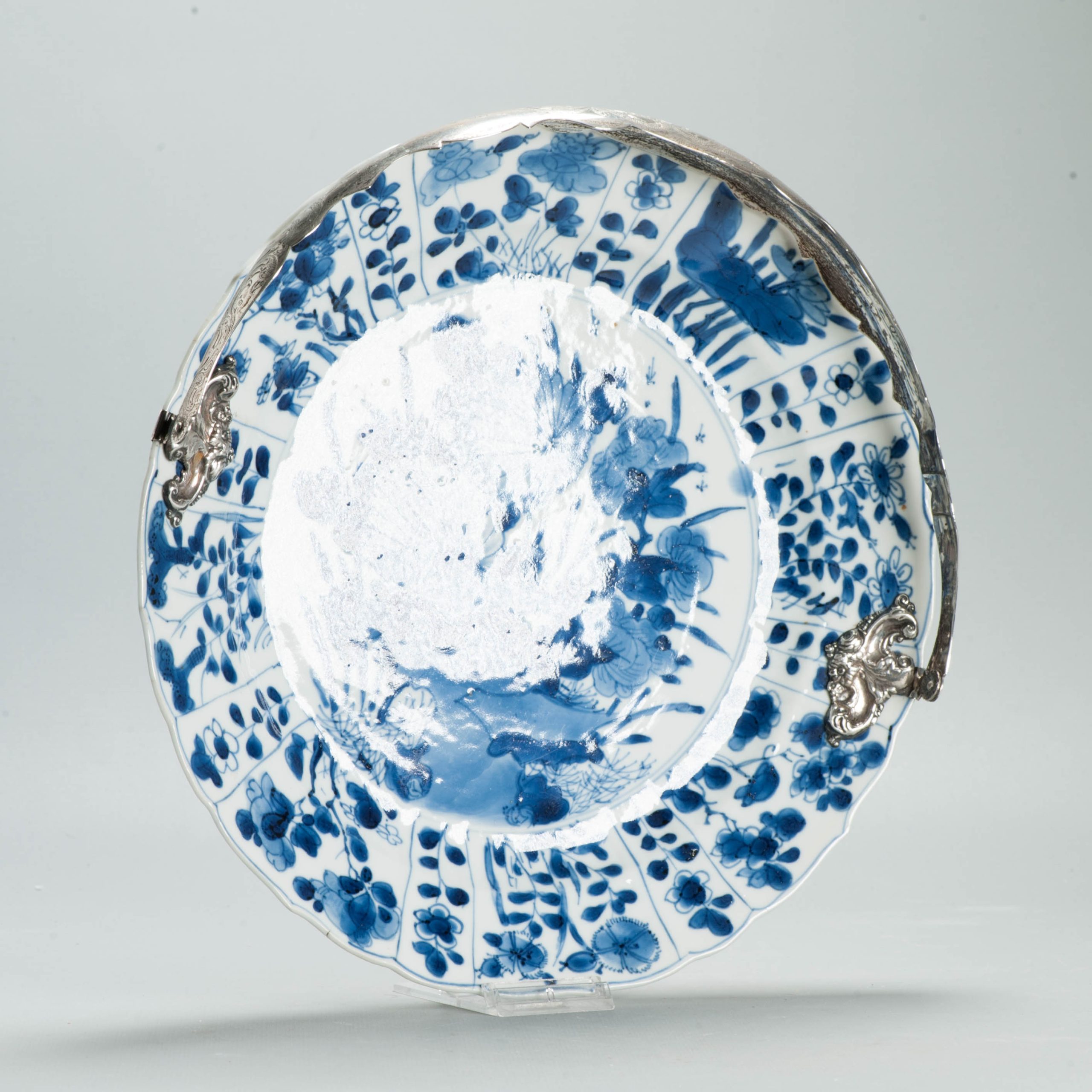 Antique Chinese 1700 Kangxi Blue & White Porcelain Dish Qing Silver Marked - Image 5
