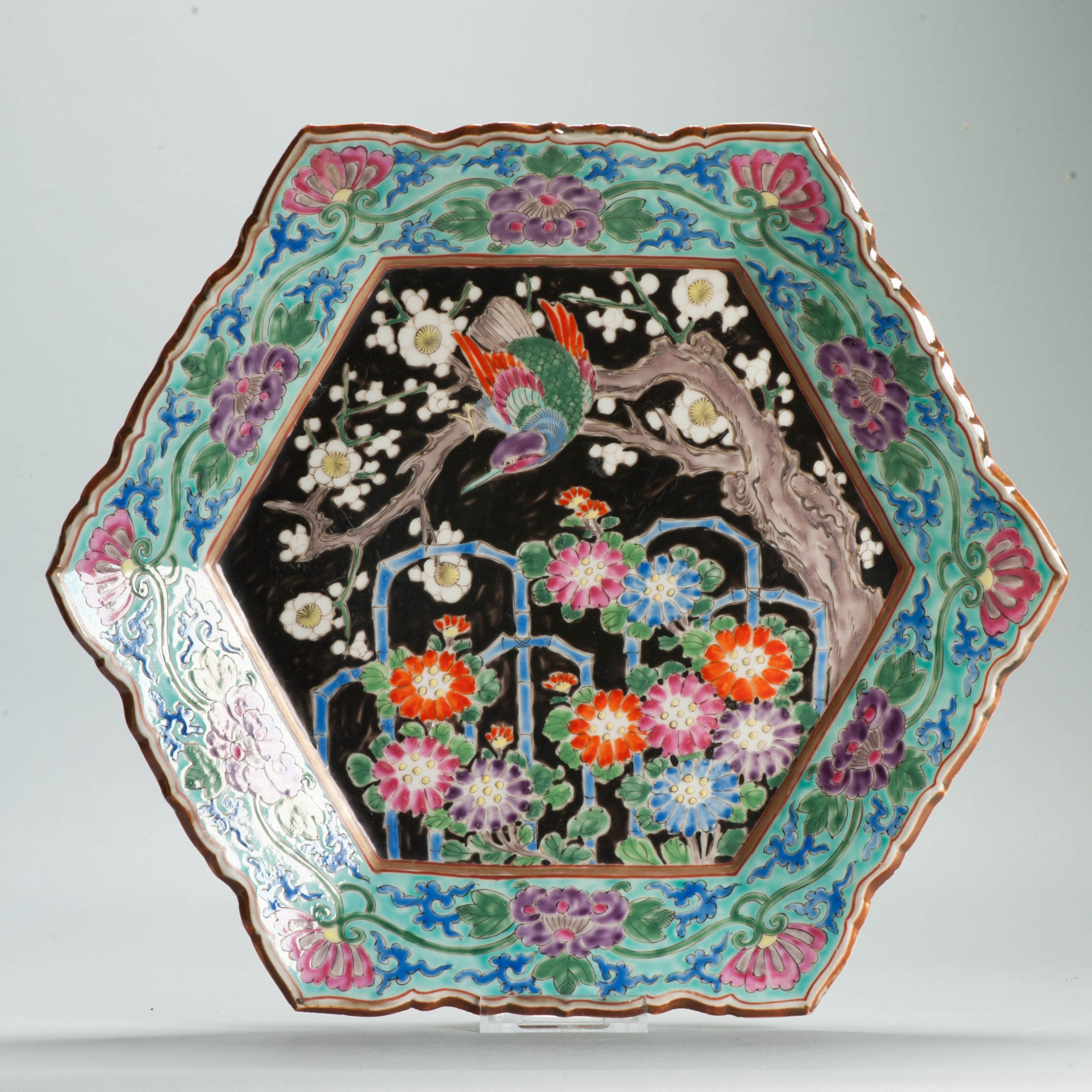 Antique Meiji Period Japanese Porcelain 19th c Arita Plate flowers Enamel