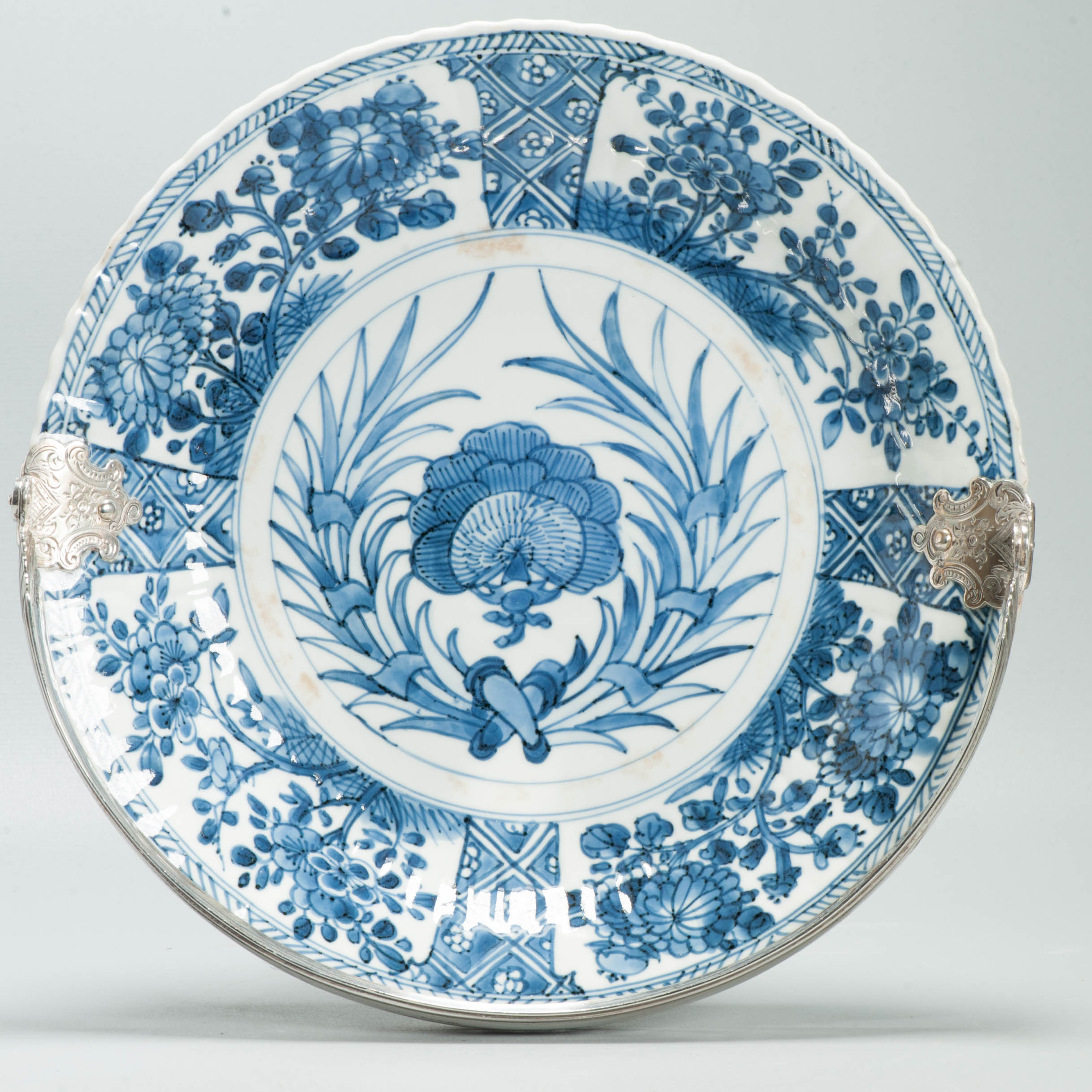 Antique Chinese 1700 Kangxi Blue & White Porcelain Dish Qing Silver Marked - Image 5