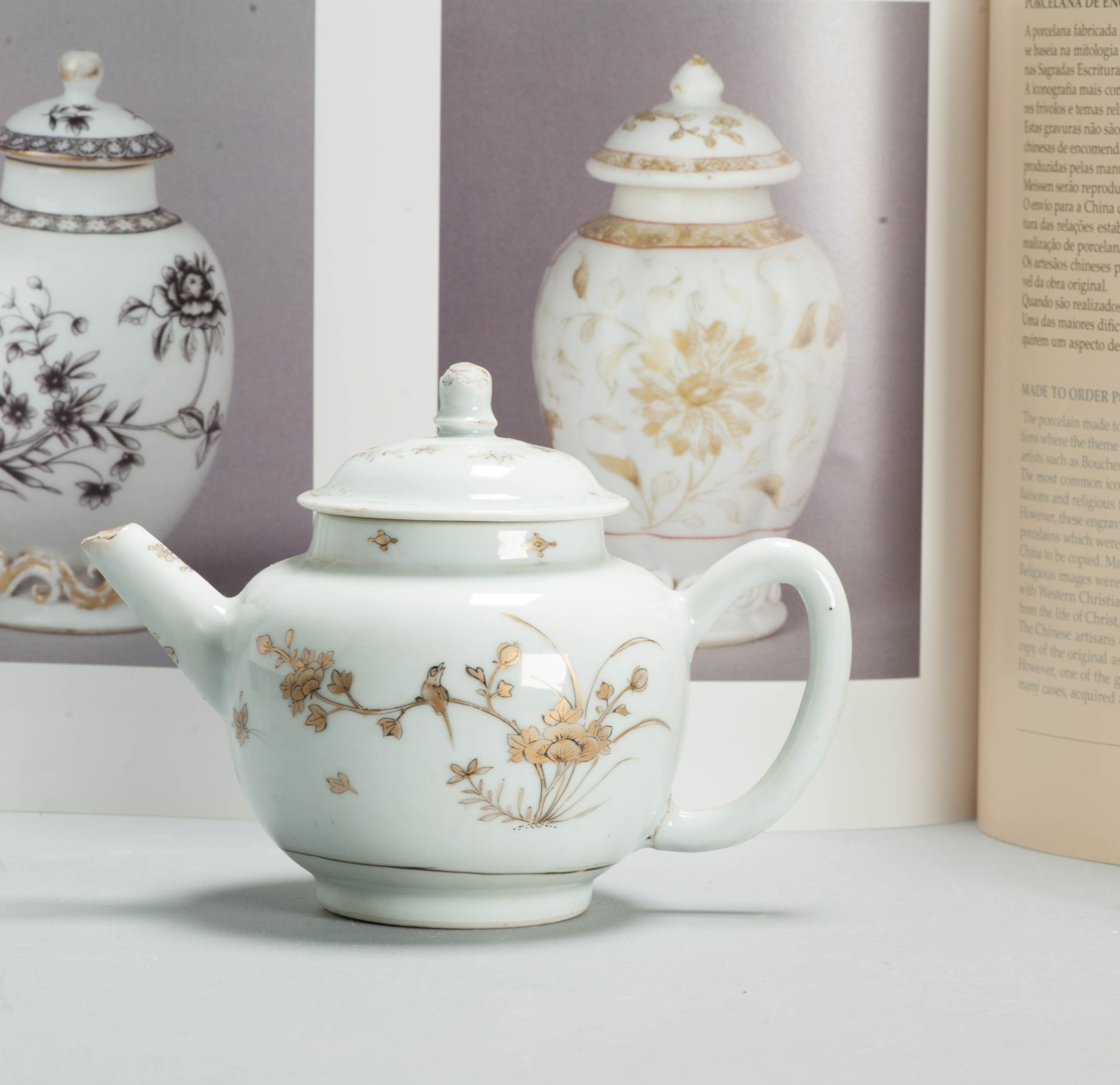 Antique 18C Qianlong Chinese Porcelain Teapot Birds Flowers Black & Gold