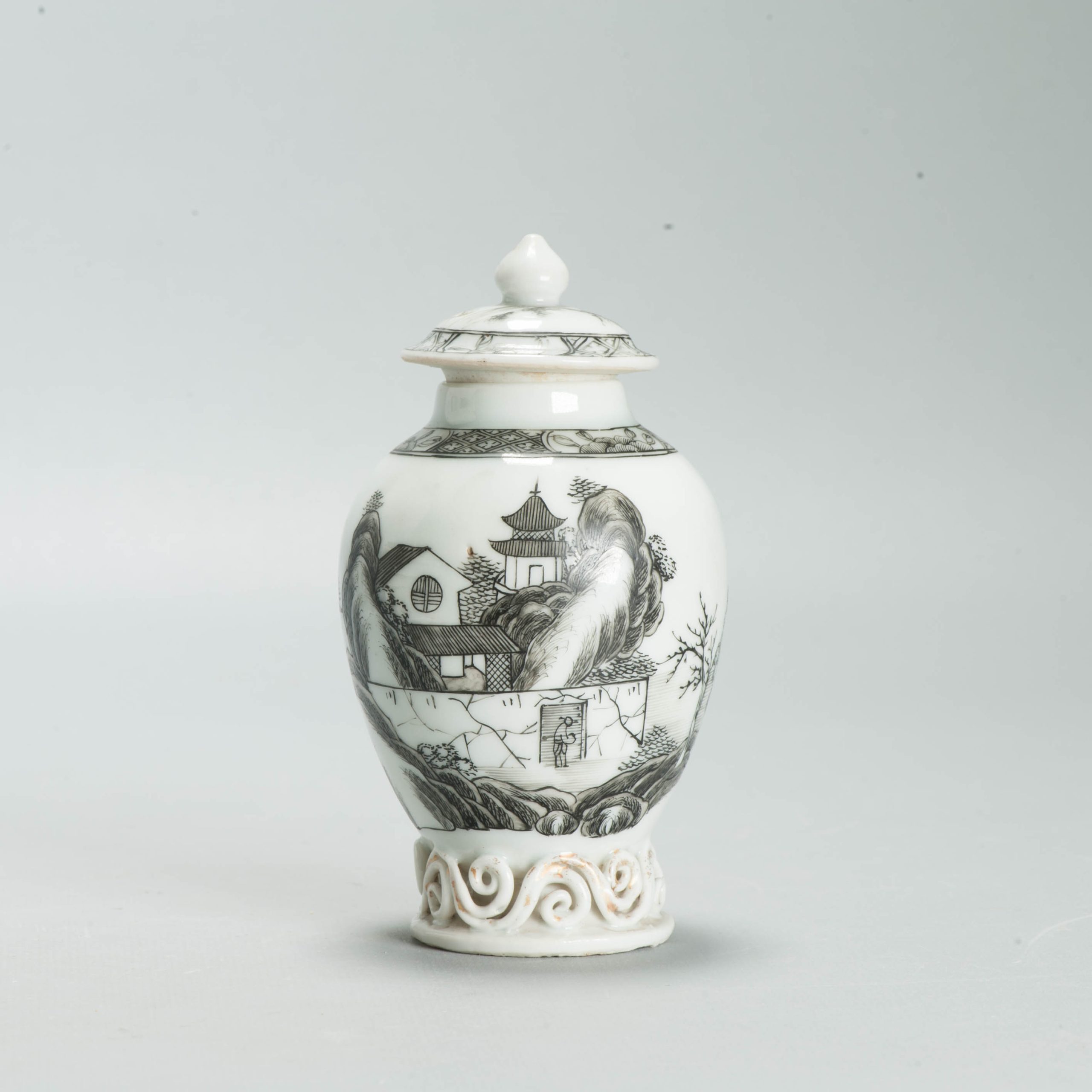 Antique Chinese Porcelain Tea Caddy Encre de Chine Landscape Qing c1730-1750 - Image 3