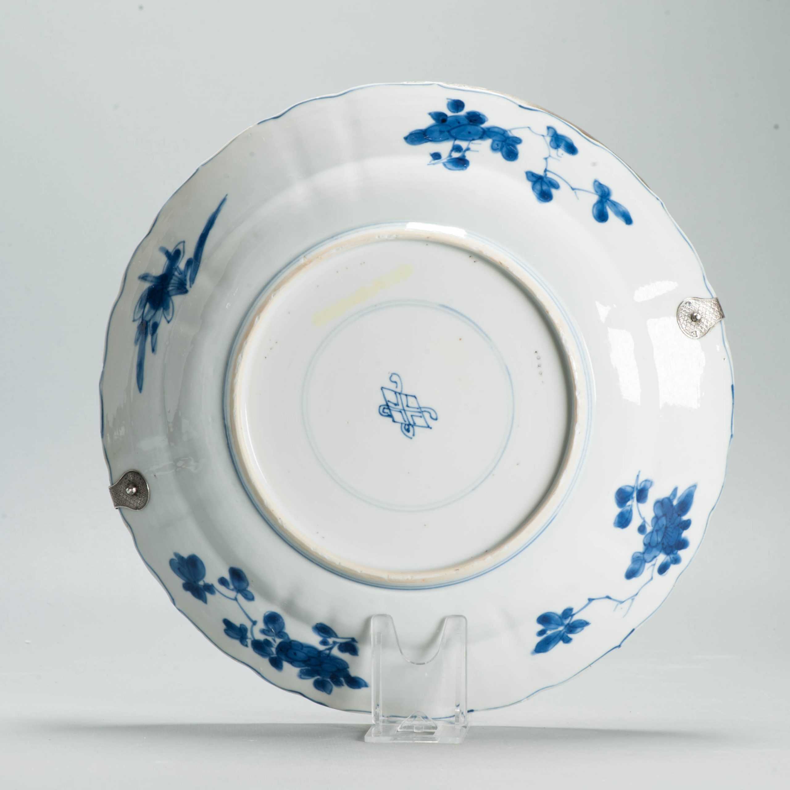 Antique Chinese 1700 Kangxi Blue & White Porcelain Dish Qing Silver Marked - Image 10