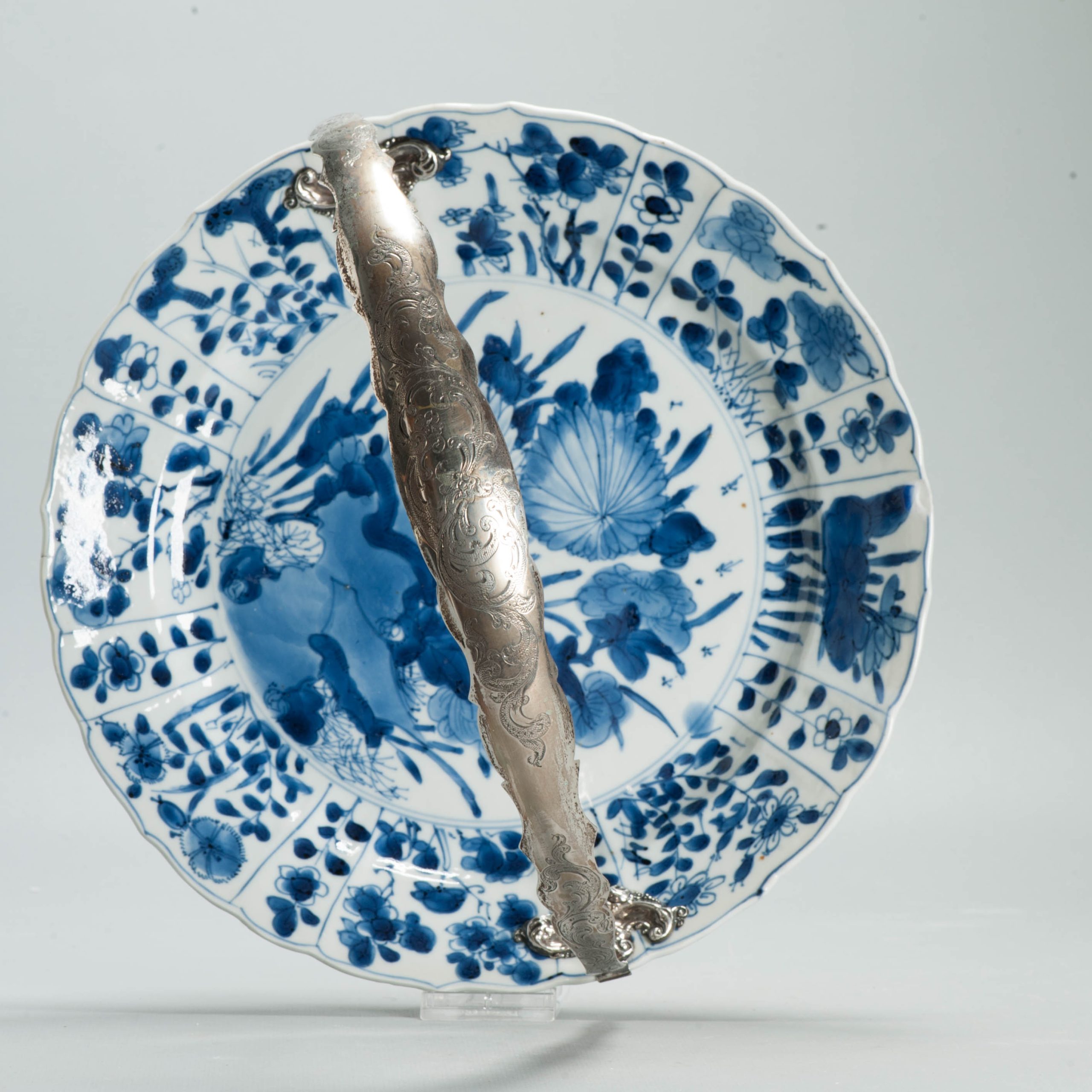 Antique Chinese 1700 Kangxi Blue & White Porcelain Dish Qing Silver Marked - Image 3