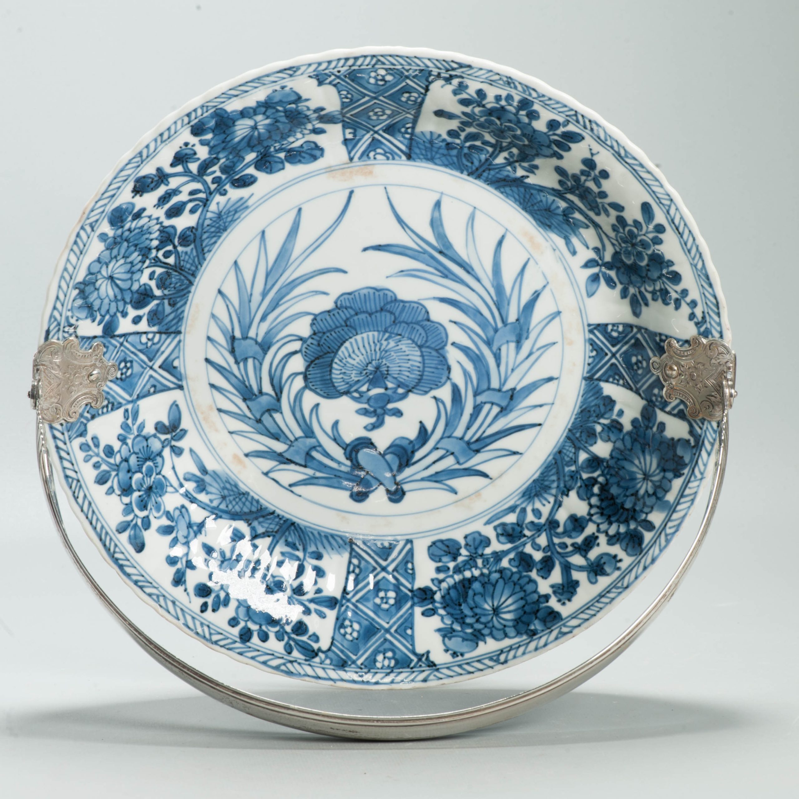 Antique Chinese 1700 Kangxi Blue & White Porcelain Dish Qing Silver Marked - Image 3
