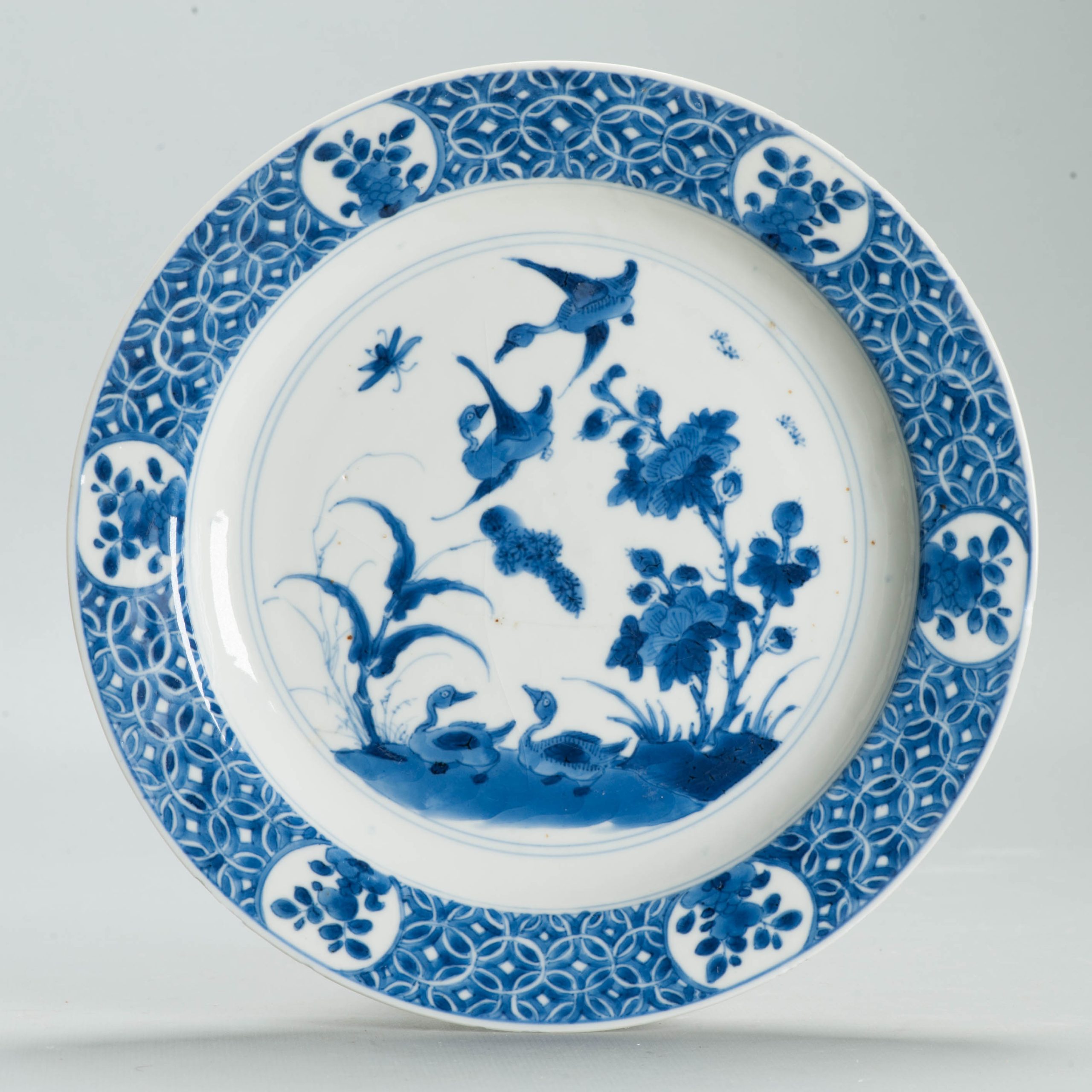 Antique Chinese Porcelain Kangxi Period Plate Dish Ducks Flowers Marked