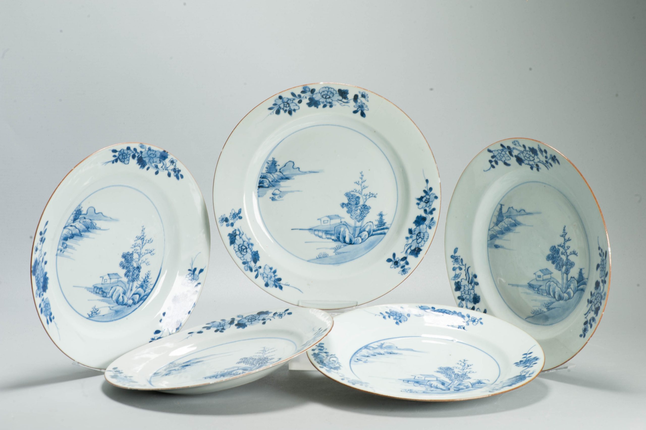 #5 Set Dinner Plates Antique 18C Chinese Qianlong Landscape Dishes Porcelain