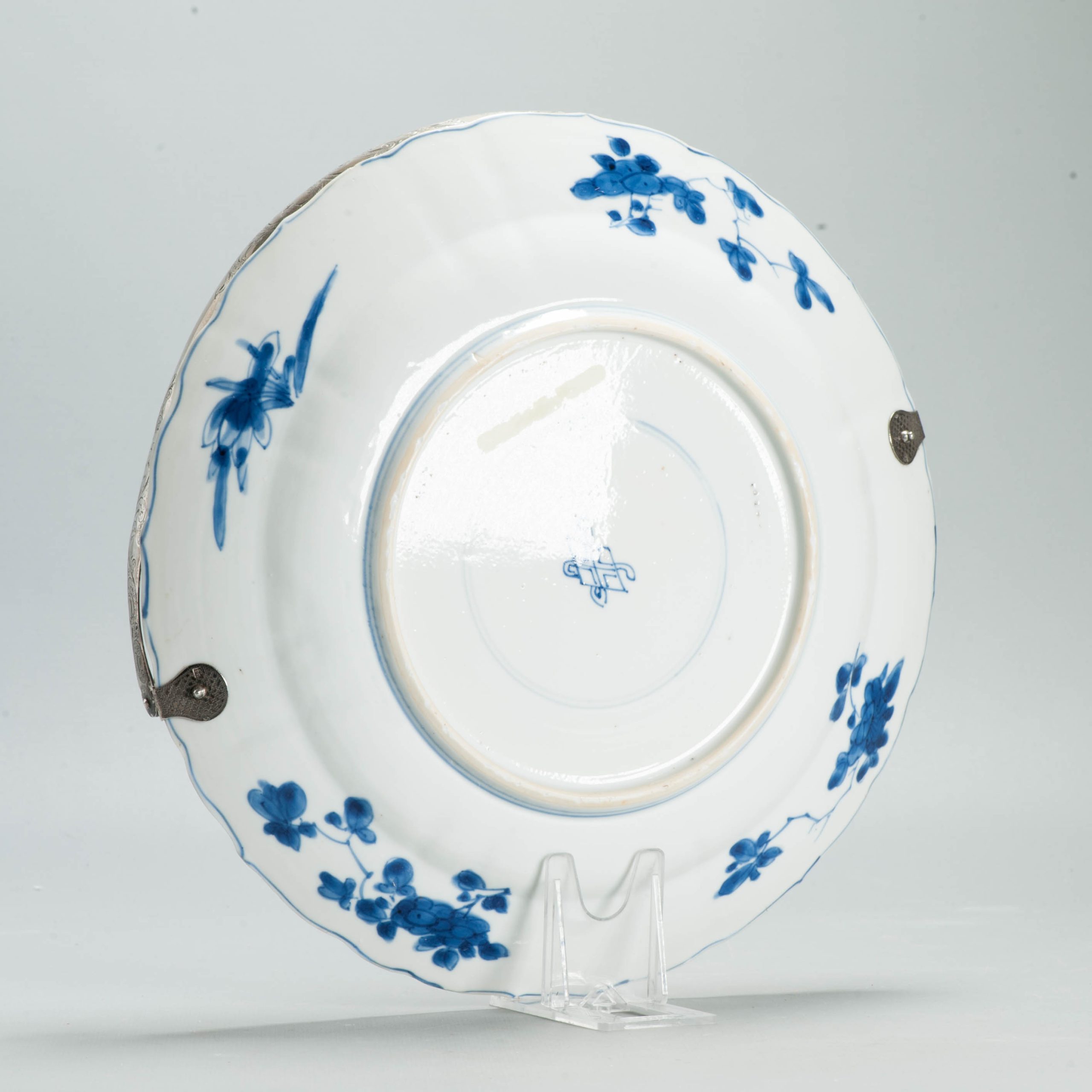 Antique Chinese 1700 Kangxi Blue & White Porcelain Dish Qing Silver Marked - Image 11