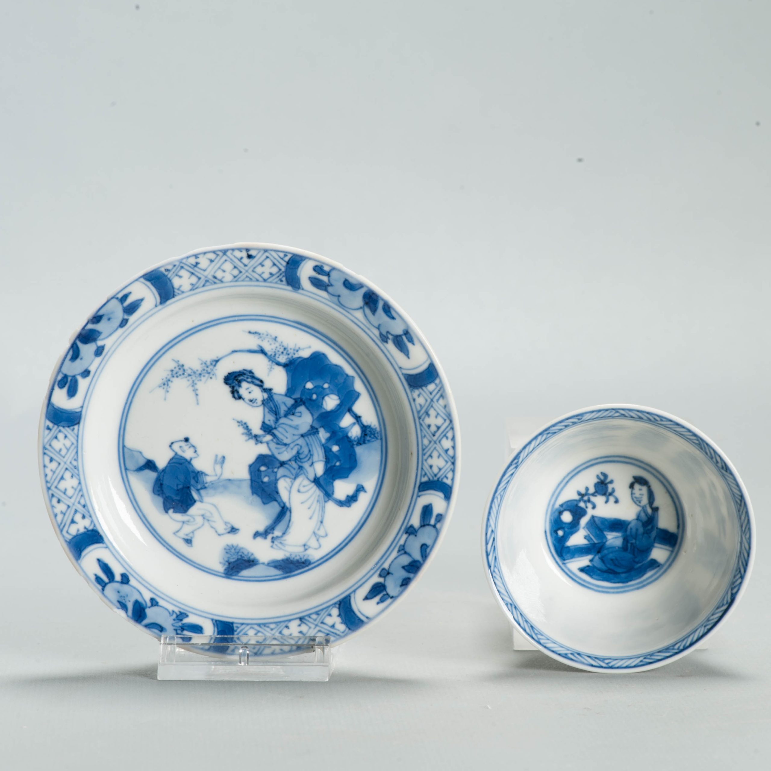 Antique Ca 1700 Chinese Porcelain Tea Set Kangxi Blue White Figural Liza - Image 4