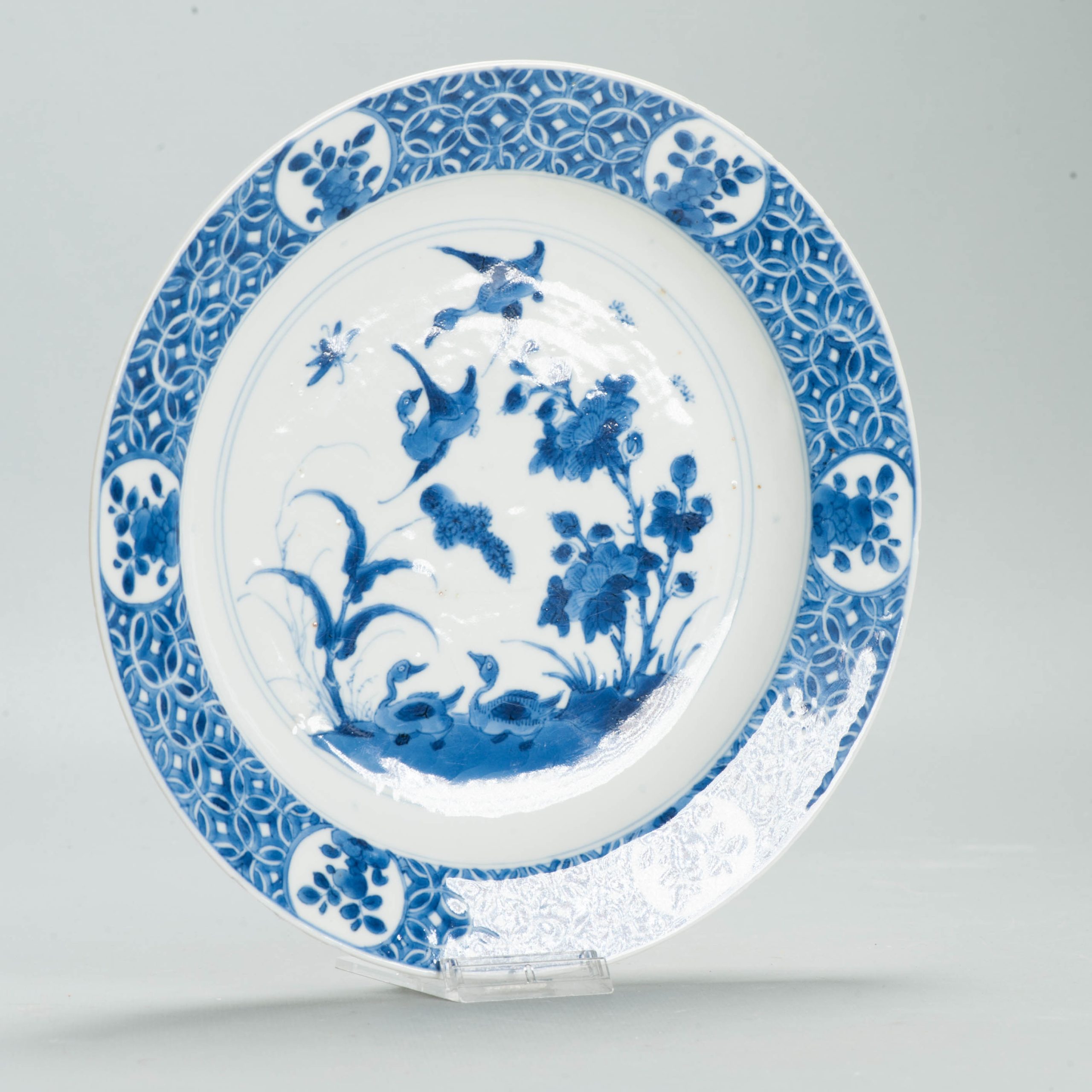 Antique Chinese Porcelain Kangxi Period Plate Dish Ducks Flowers Marked