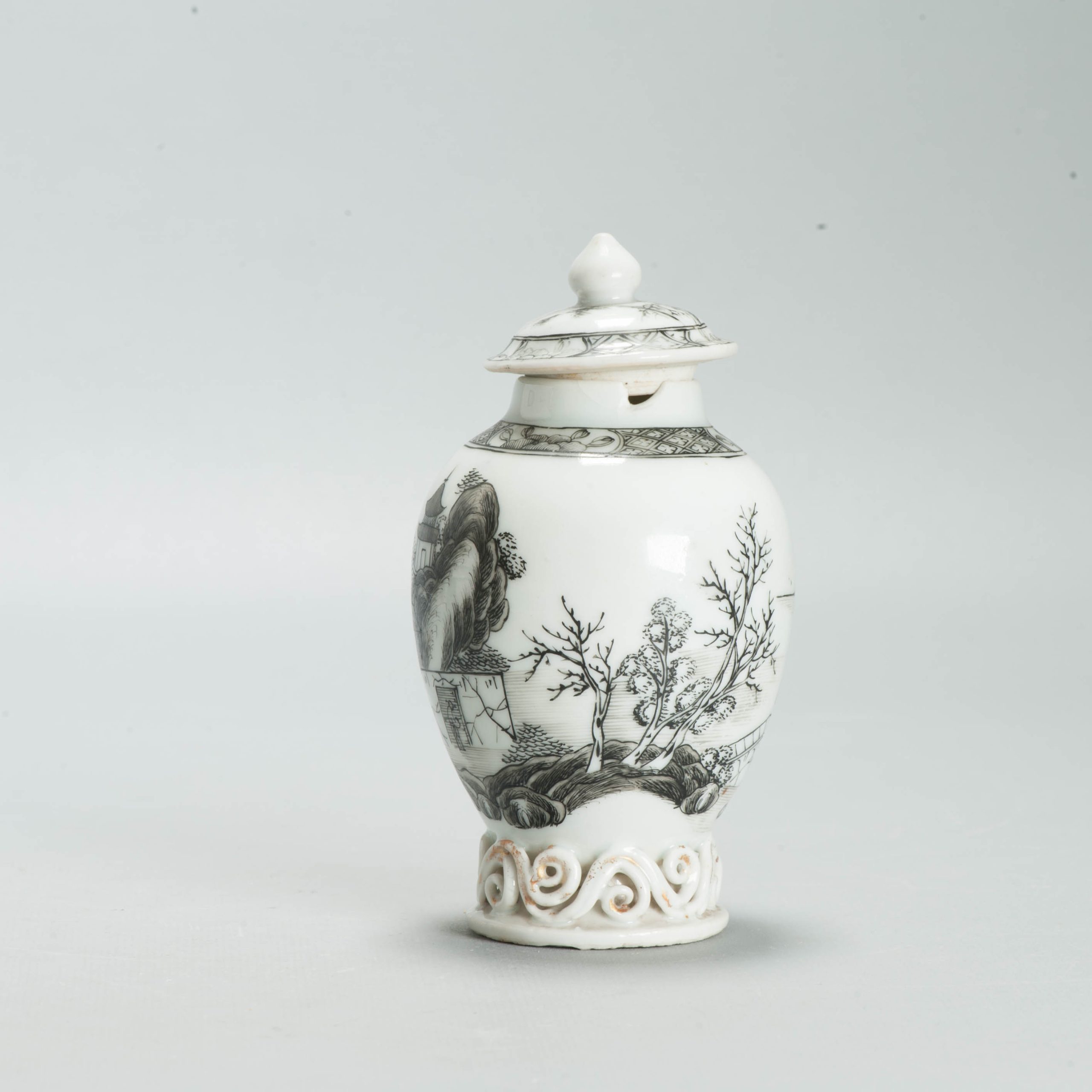 Antique Chinese Porcelain Tea Caddy Encre de Chine Landscape Qing c1730-1750 - Image 9