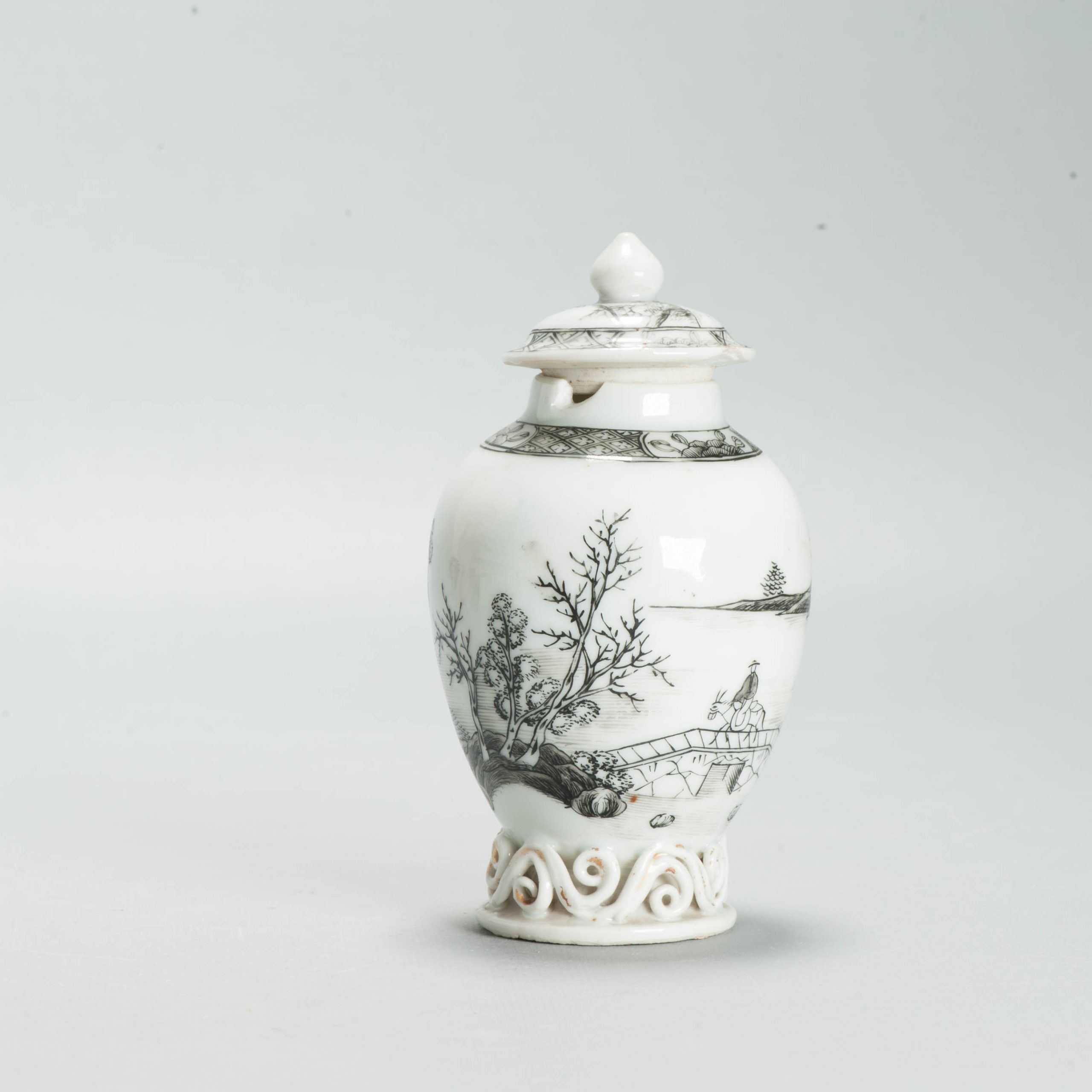 Antique Chinese Porcelain Tea Caddy Encre de Chine Landscape Qing c1730-1750 - Image 10