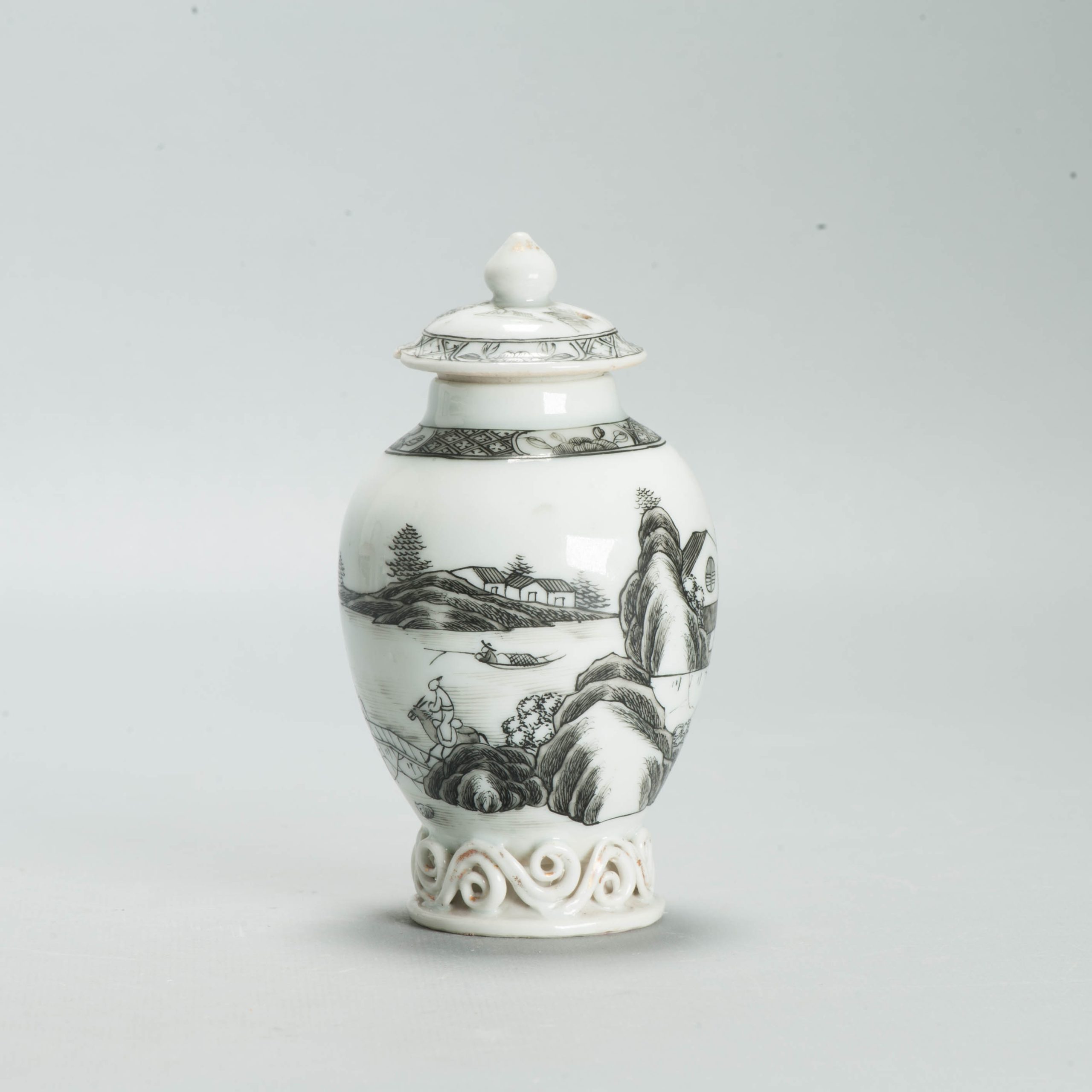 Antique Chinese Porcelain Tea Caddy Encre de Chine Landscape Qing c1730-1750 - Image 13