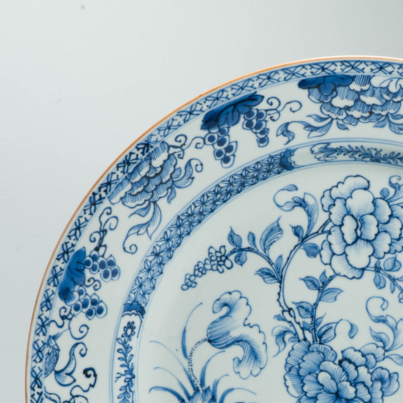 Antique Chinese Kangxi Blue White Porcelain Large Charger Peony Flowers Grapes - Image 3