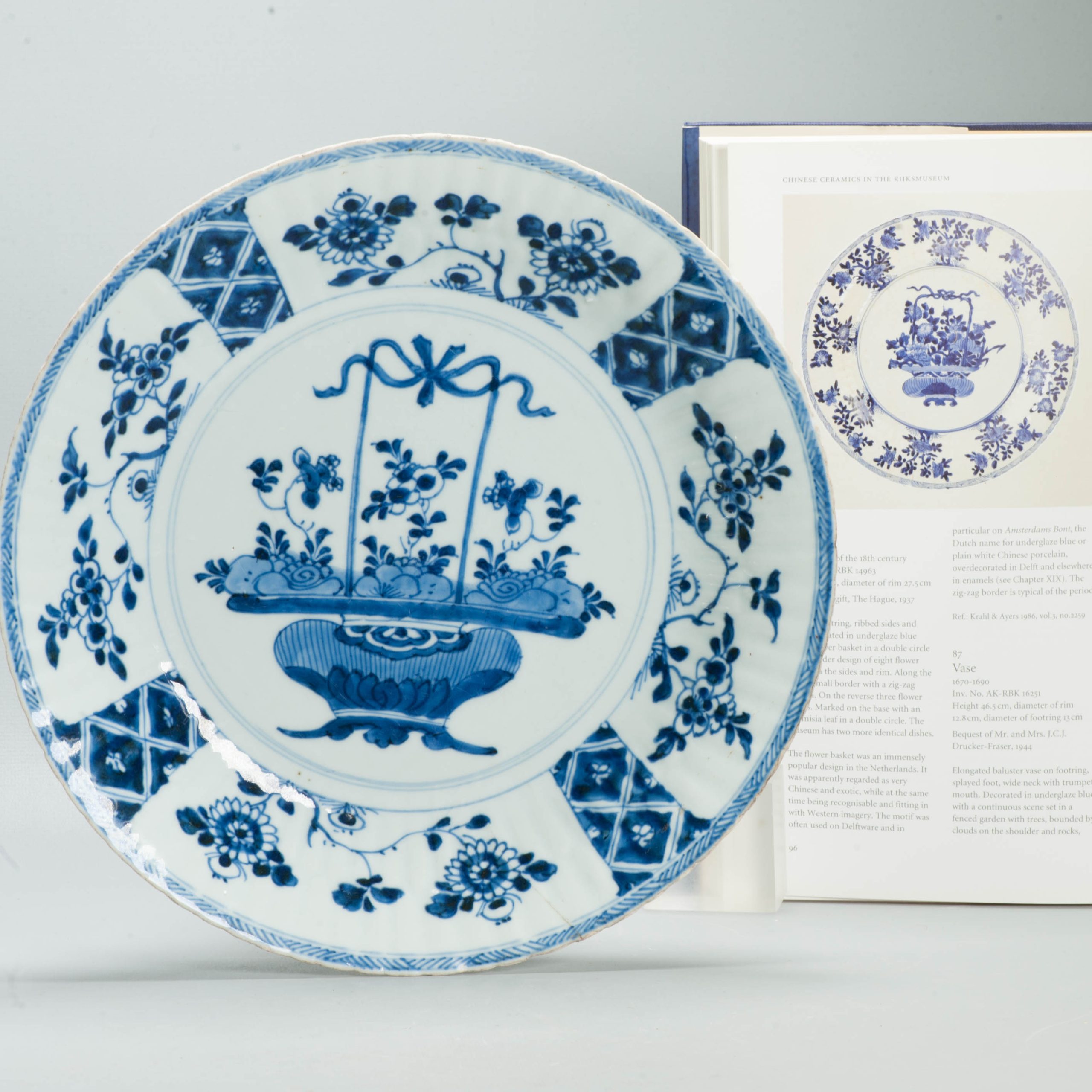 Antique Chinese Kangxi Blue & White Porcelain Dish Flower Basket Floral c.1700 - Image 2