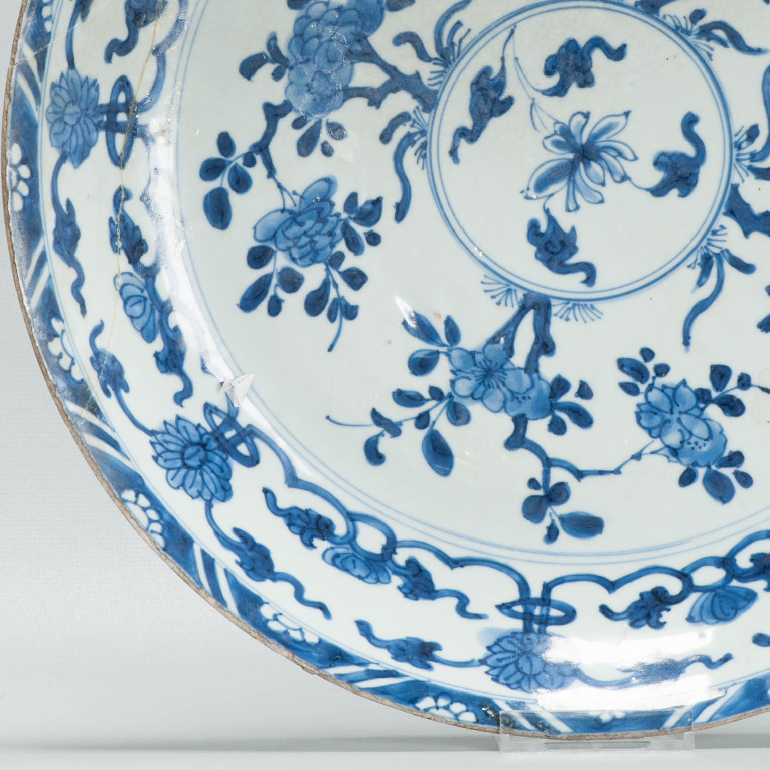 Antique Chinese Kangxi Blue White Porcelain Large Charger Floral Dish Marked - Image 4