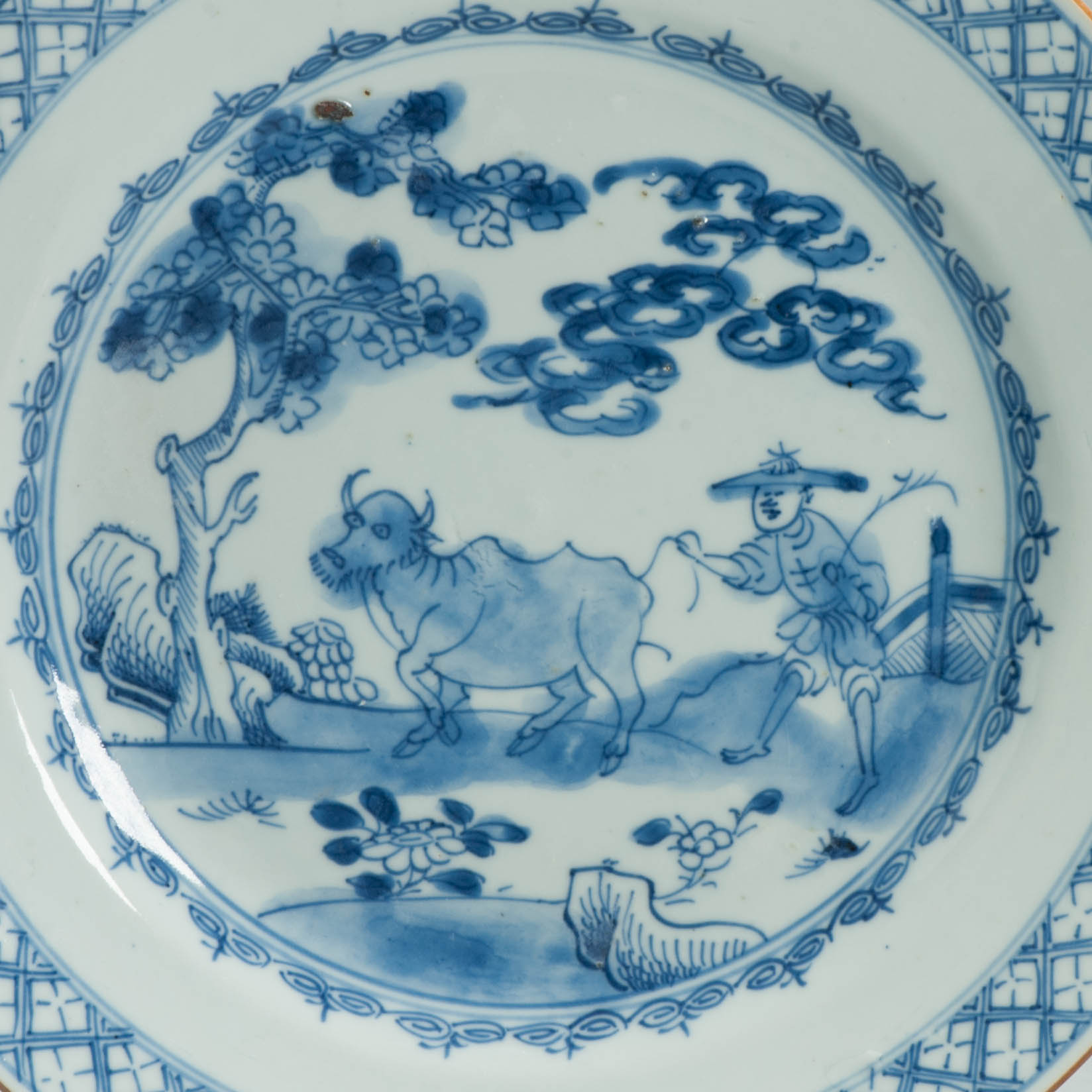 Antique Chinese Blue & White Export Porcelain Dish Boy & Ox Kangxi Yongzheng Period - Image 2
