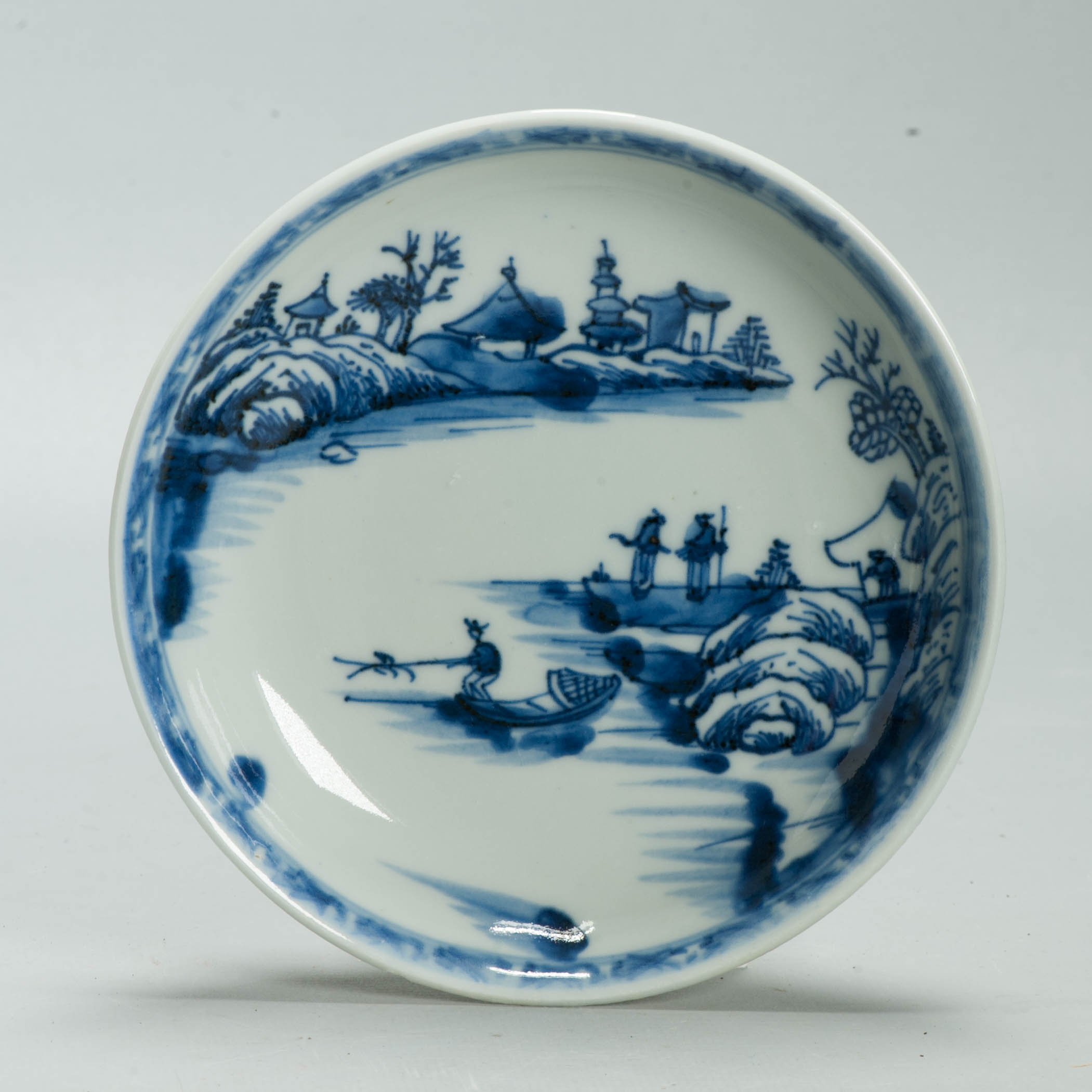 13.5CM Antique Chinese Kangxi Blue & White Porcelain Dish River Landscape Figures