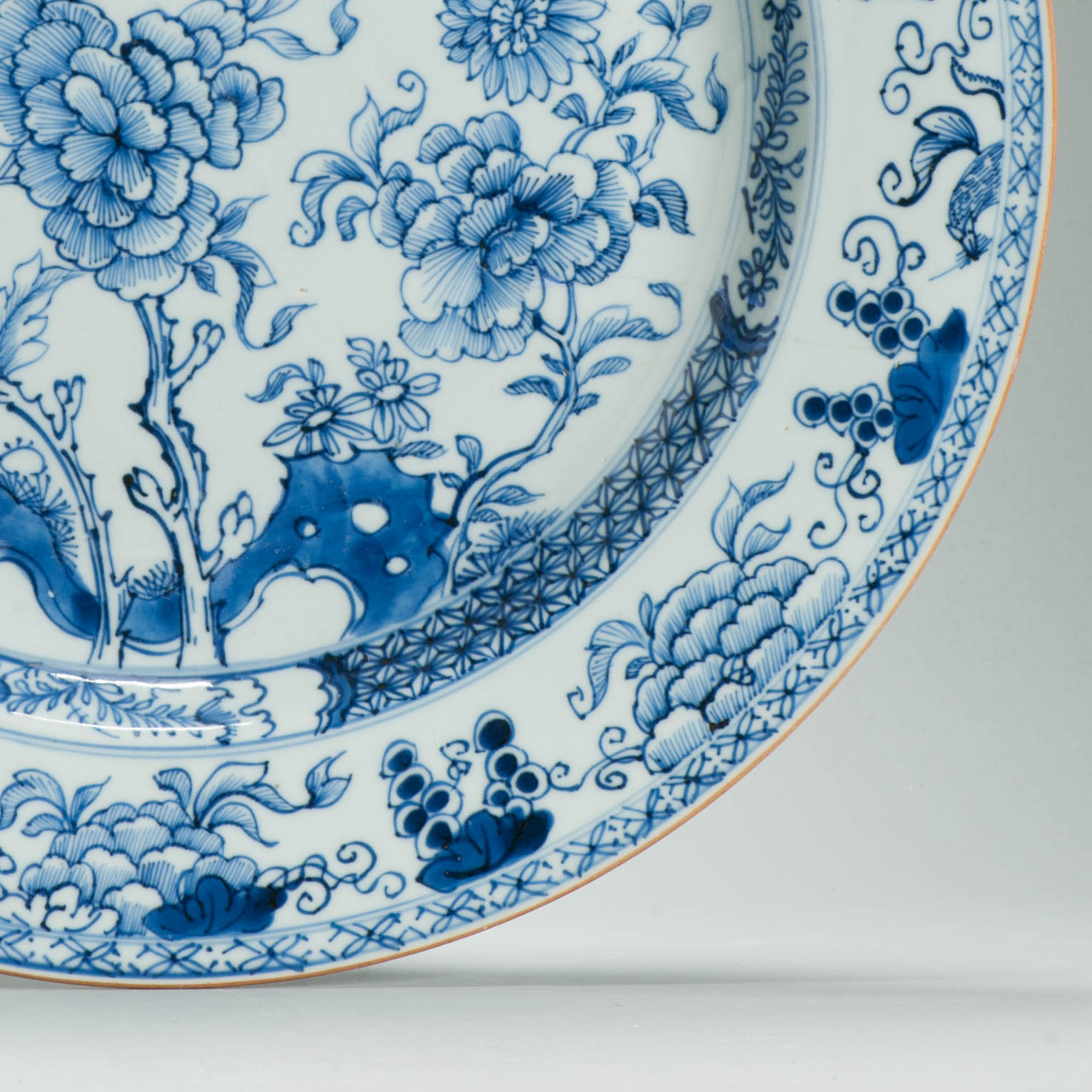 Antique Chinese Kangxi Blue White Porcelain Large Charger Peony Flowers Grapes - Image 2