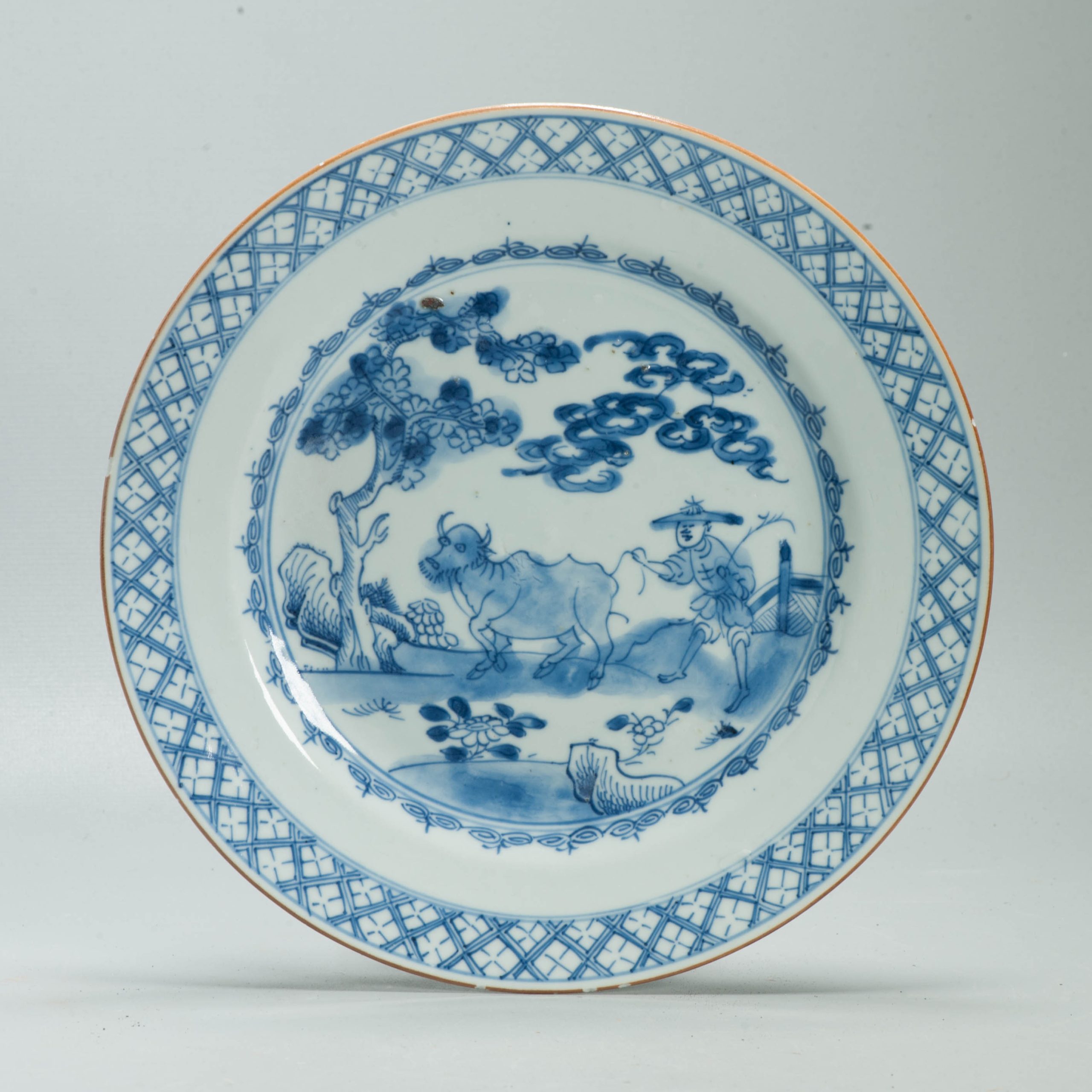 Antique Chinese Blue & White Export Porcelain Dish Boy & Ox Kangxi Yongzheng Period