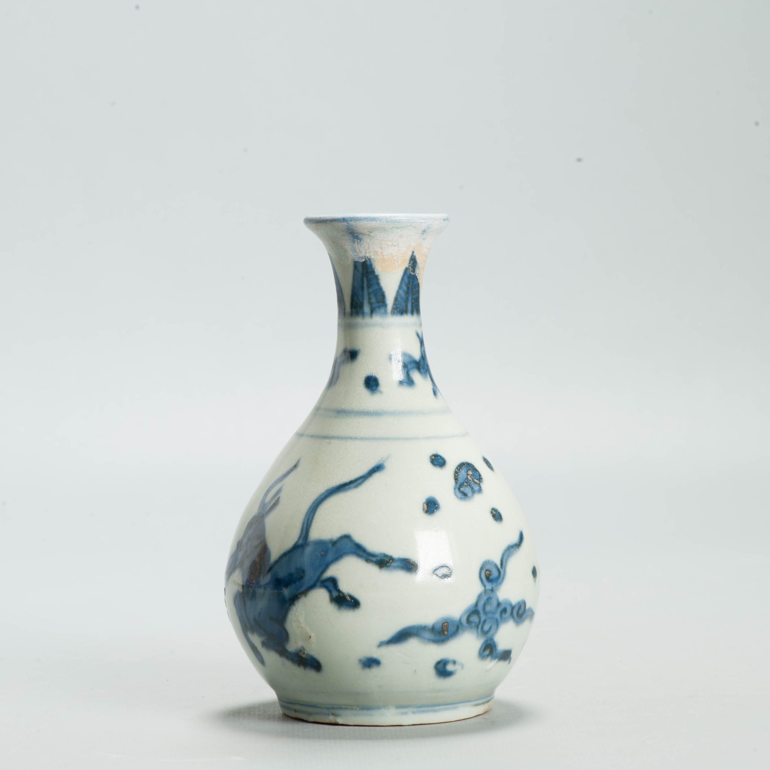 Antique Chinese Ming Blue White Porcelain Bottle Vase Flying Horse 17th C