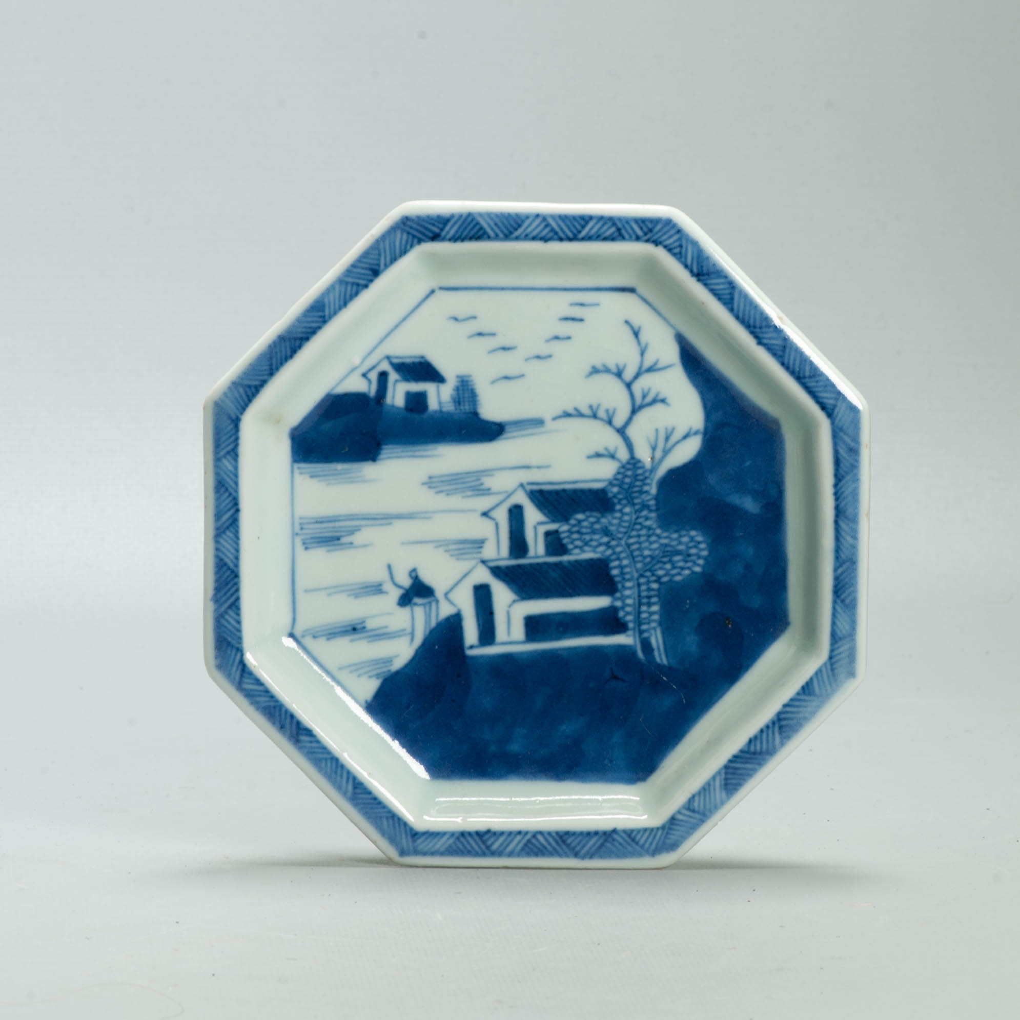 Antique Chinese Blue & White Porcelain Sweetmeat Set Dish Landscape c. 1800 Qing