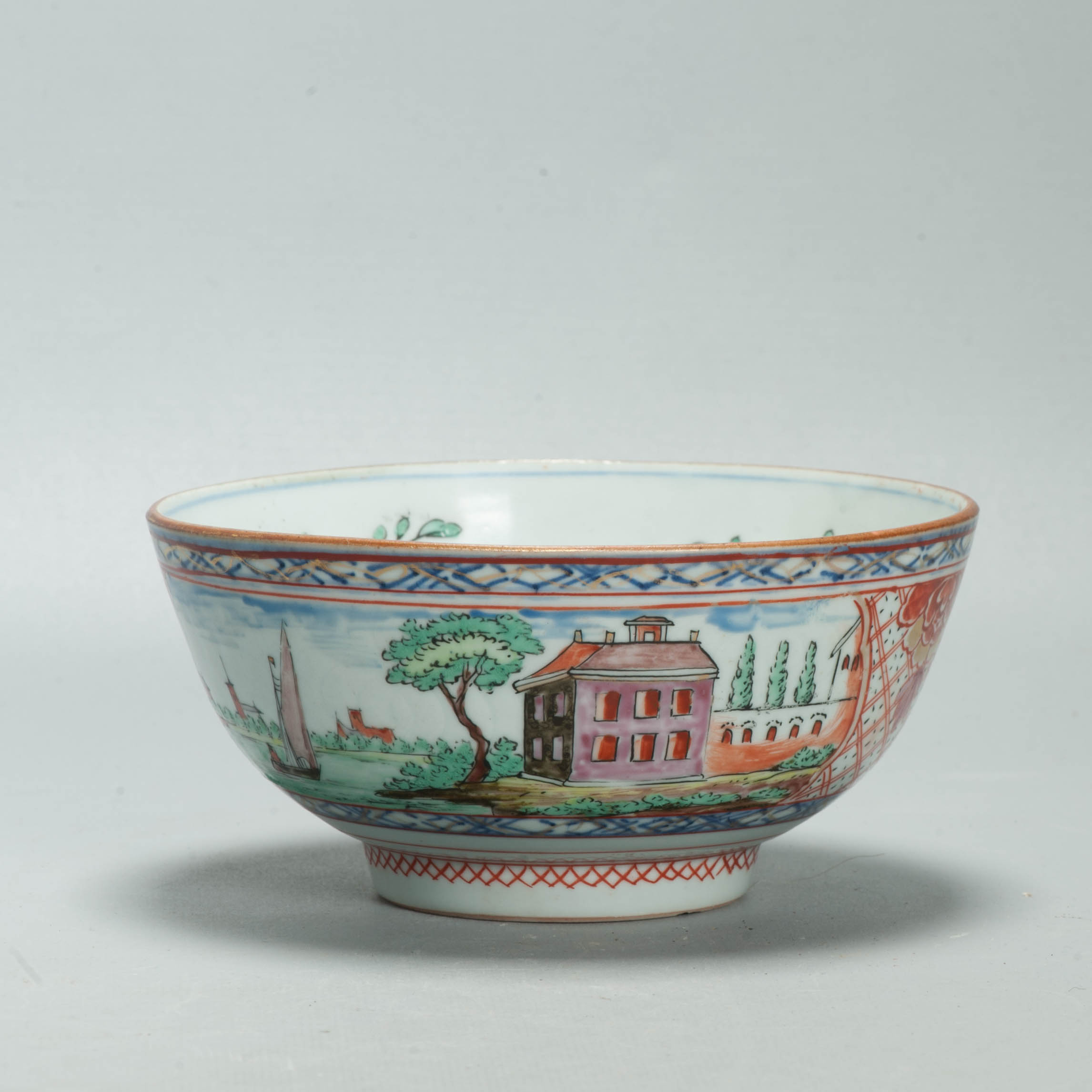 Antique Dutch-decorated Chinese Landscape Topography Bowl, circa 1730-1740