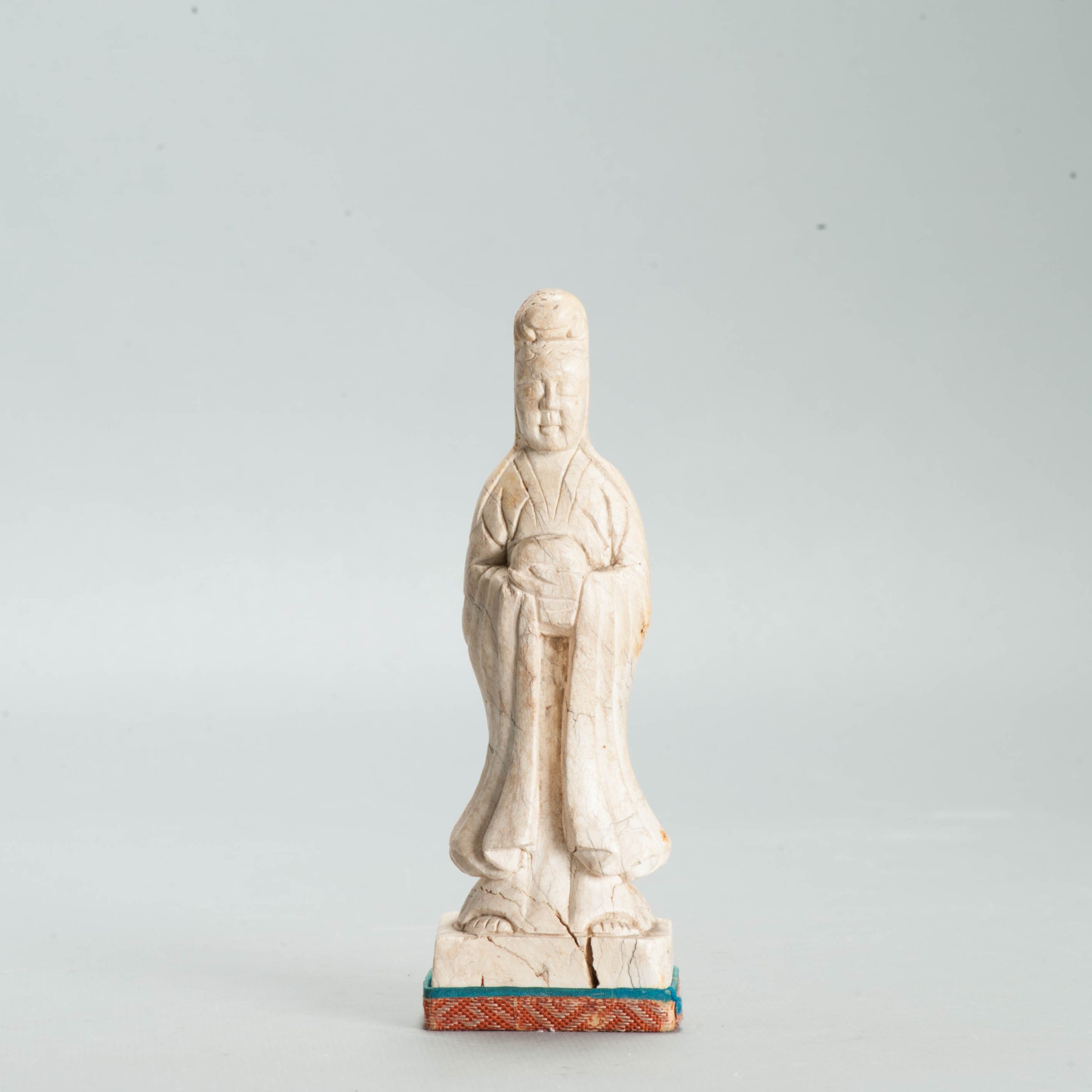 Antique Marked Lu Zigang Chinese Chicken bone Jade Carved figure of a Guanyin Statue
