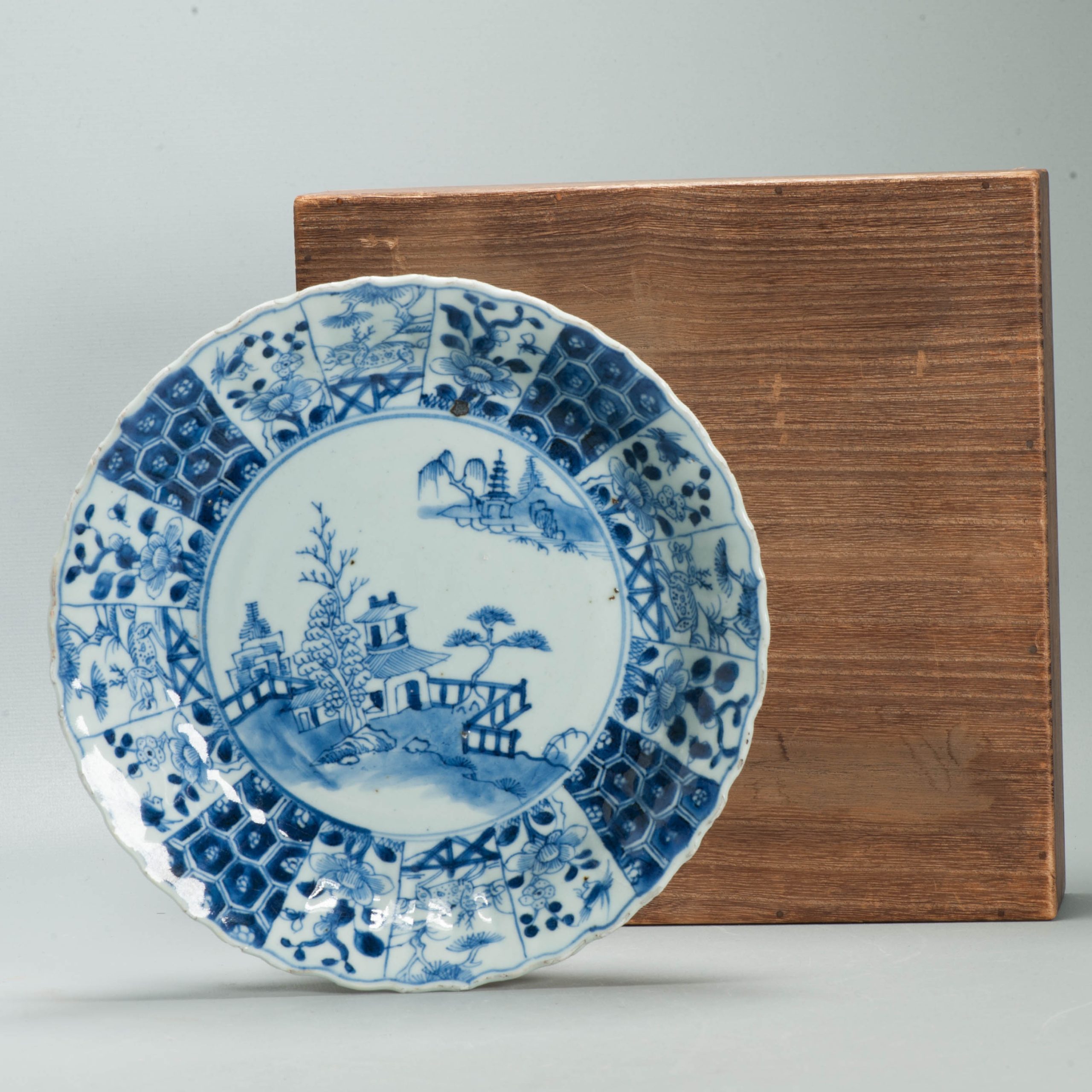 Antique Chinese Kangxi Blue White Porcelain Dish Pavilion Landscape c.1700