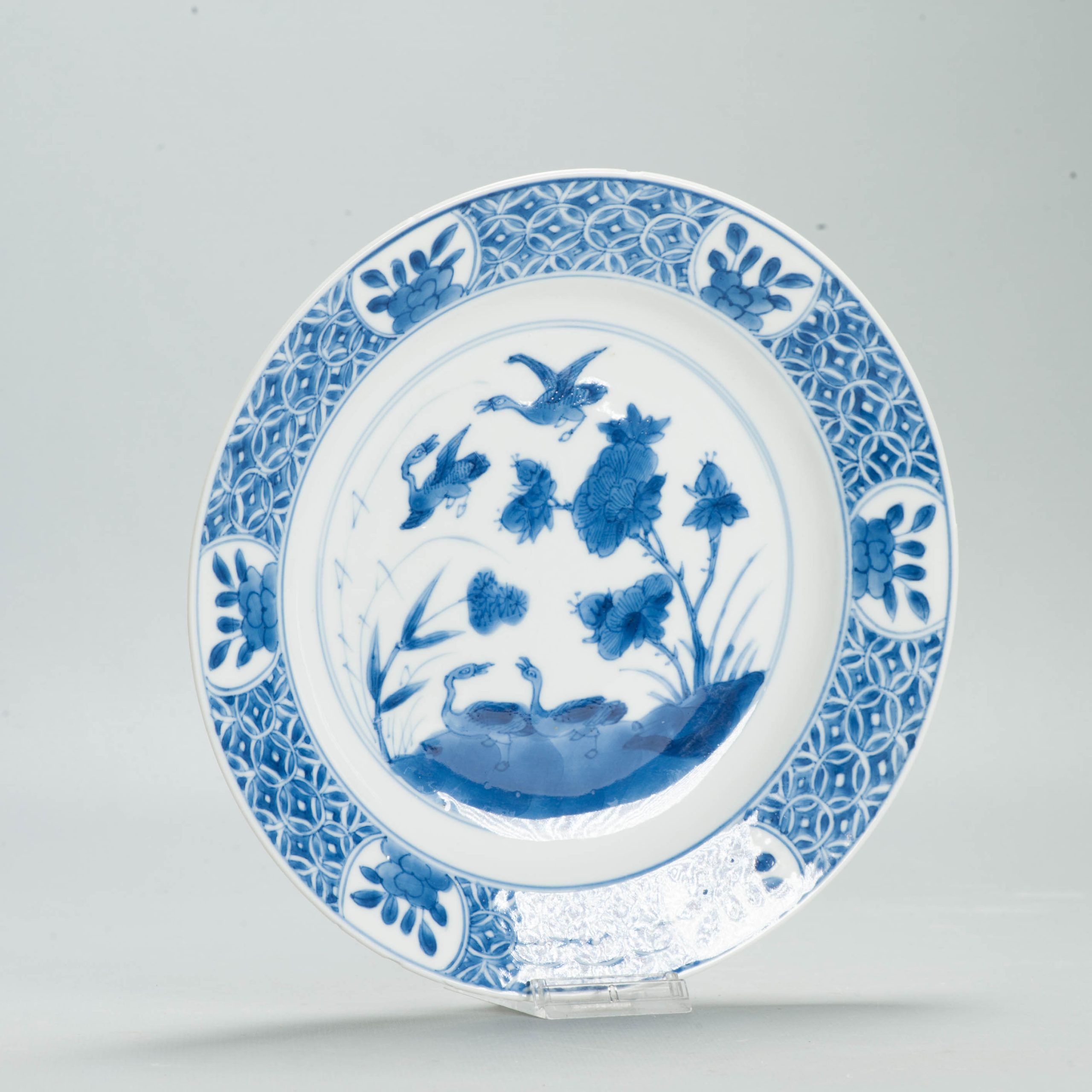 Antique Chinese Kangxi Blue & White Porcelain Dish Ducks Flying c.1700 - 图片 3